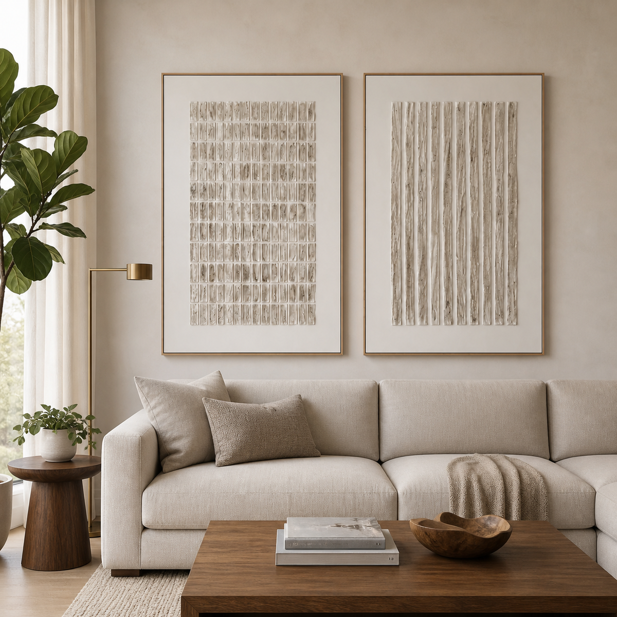 Neutral Textured Wall Art Set of 2 – Ivory White Geometric Diptych