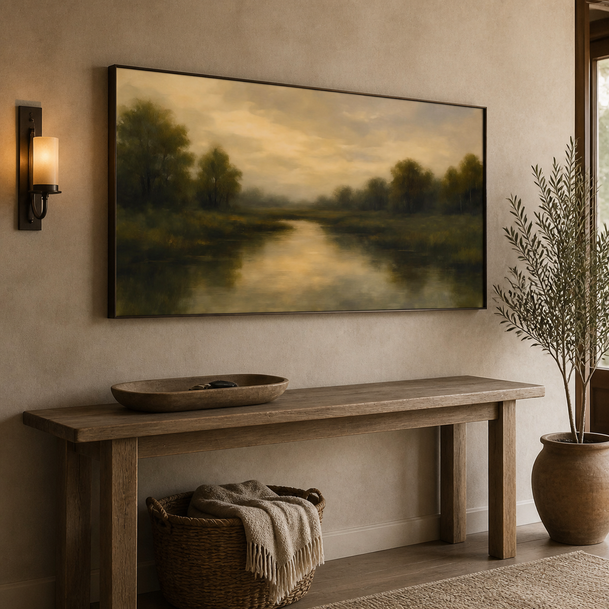 Panoramic moody river landscape wall art with dark green trees and golden reflections displayed above a neutral living room sofa.