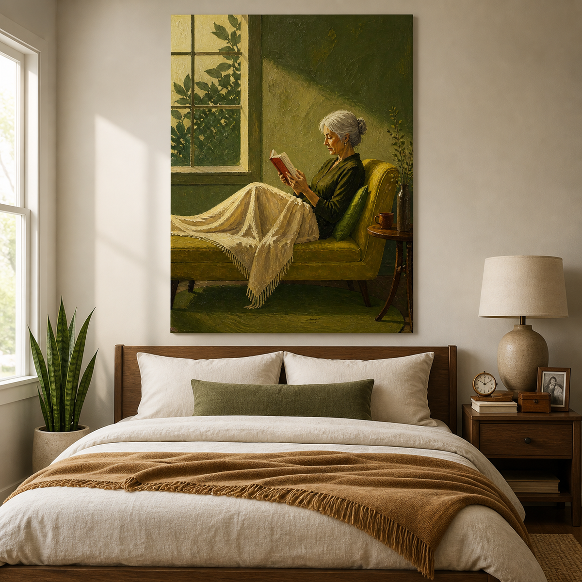 Elderly woman reading wall art featuring a silver-haired reader with a red book resting on an olive green chaise beside a sunlit window.