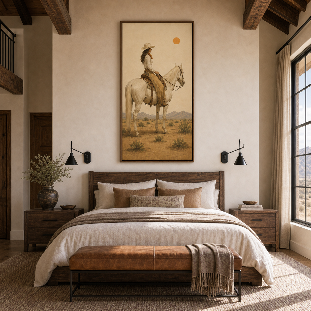 Beyond the Horizon | Hand-Painted Cowgirl on Horse Wall Art | Minimalist Western Oil Painting