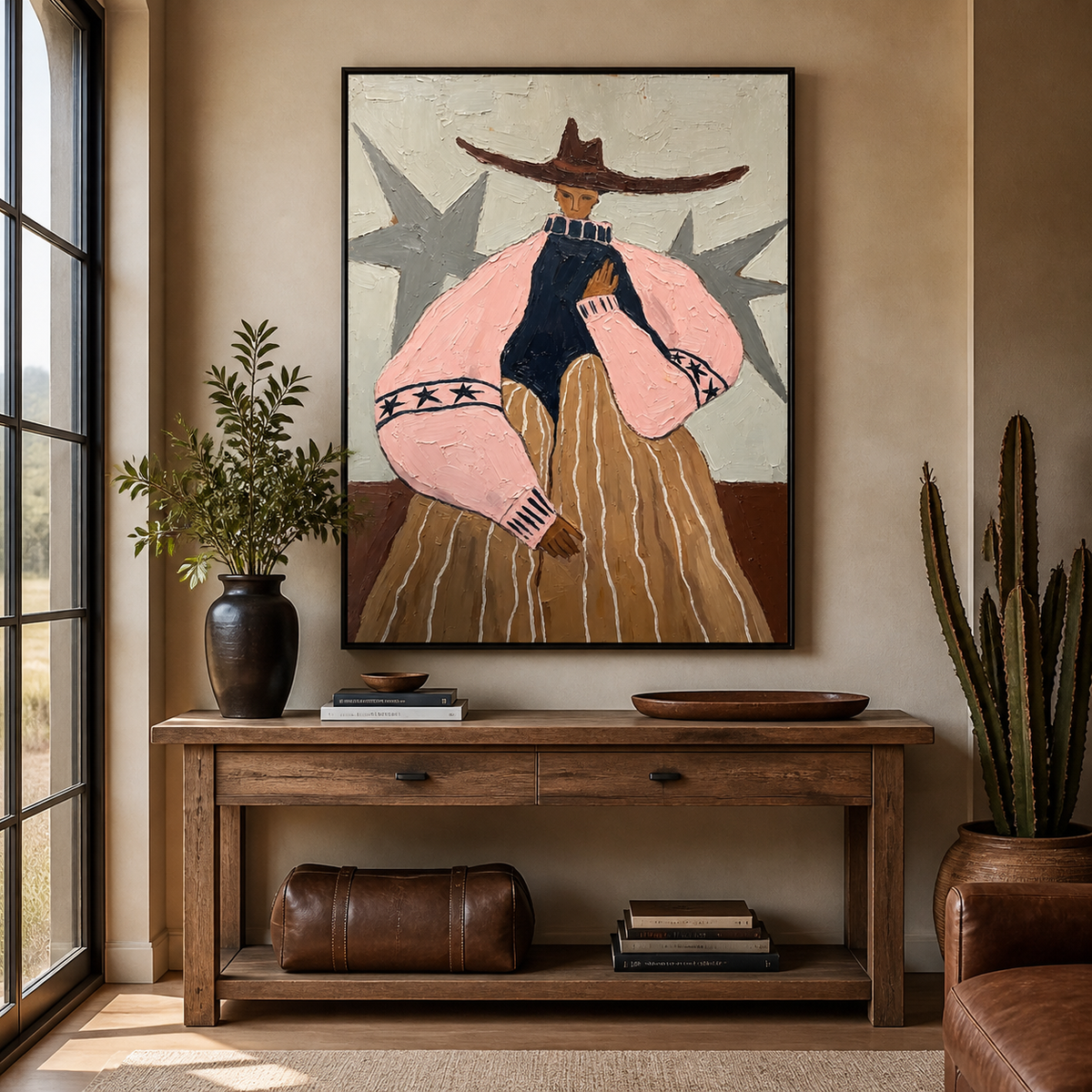 Western woman wall art with a wide brown hat, pink sleeves and ochre skirt displayed above a leather sofa.