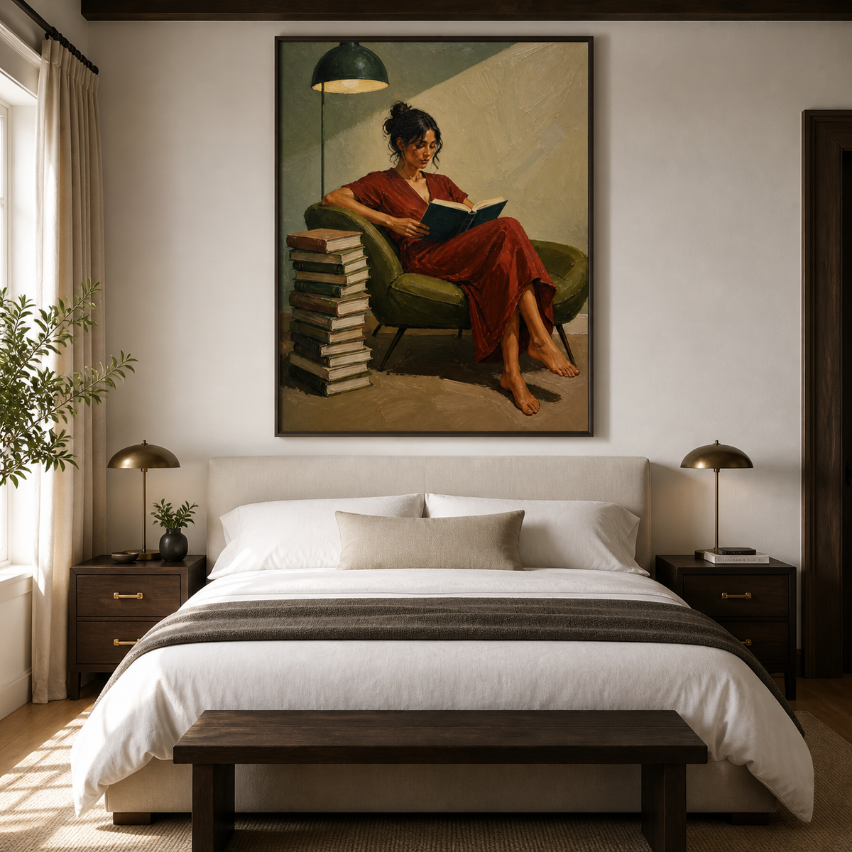Woman reading wall art featuring a barefoot reader in a brick-red dress seated in an olive armchair beside a tall stack of books.