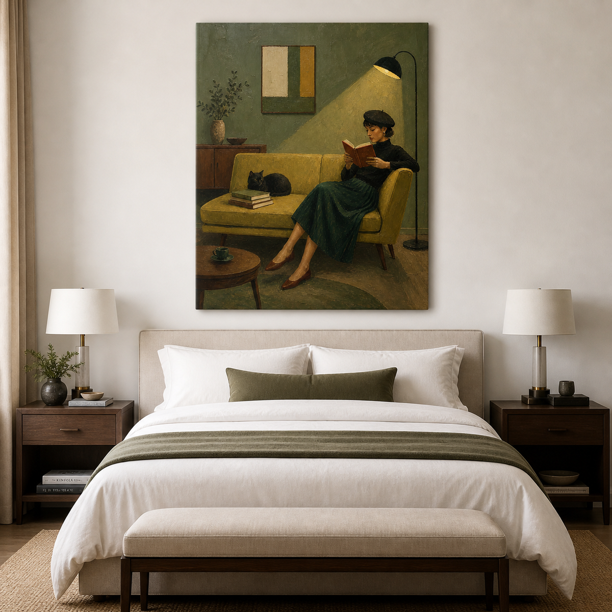 Woman reading with cat wall art featuring a reader holding a red book on a mustard yellow sofa beside a black cat and stacked books.