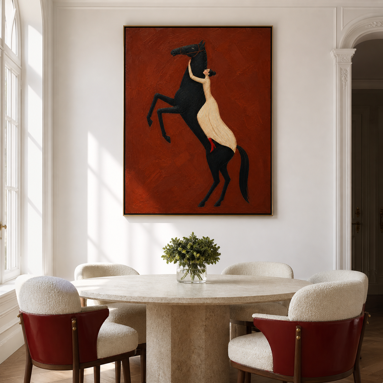 Vintage Americana woman and horse wall art featuring a woman in a cream dress embracing a rearing black horse against a crimson red background.