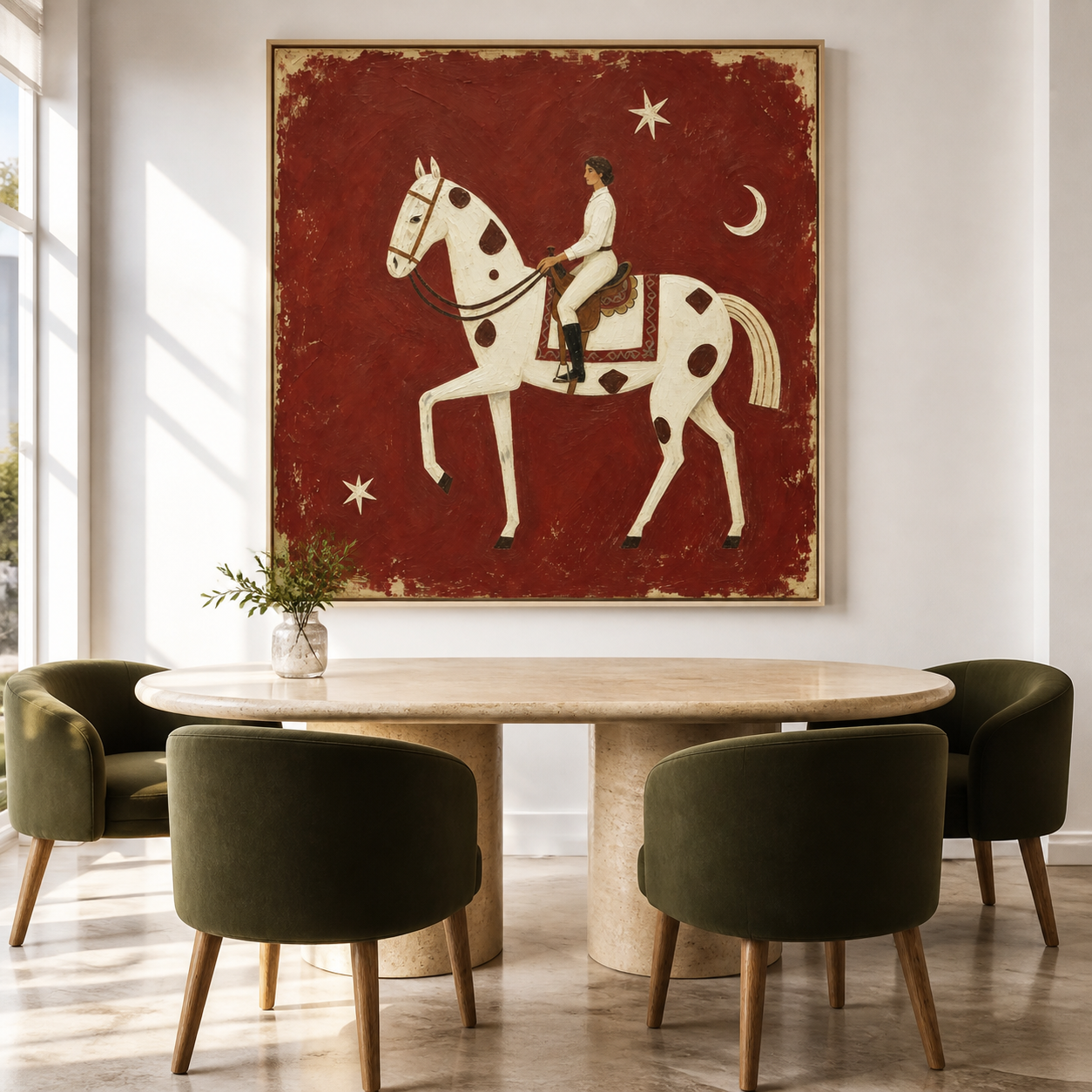 Vintage Americana white horse wall art featuring a rider on a spotted horse with a crescent moon and stars against a distressed red background.