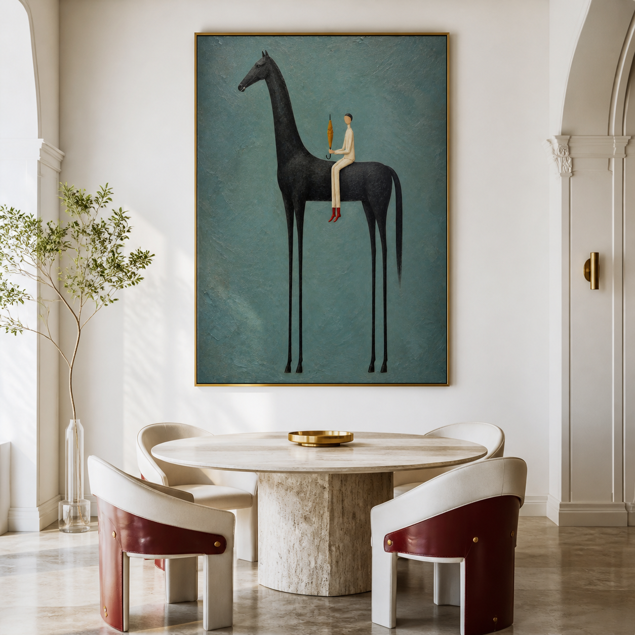 Vintage Americana black horse wall art featuring a rider with red shoes holding a small golden umbrella against a textured blue-gray background.