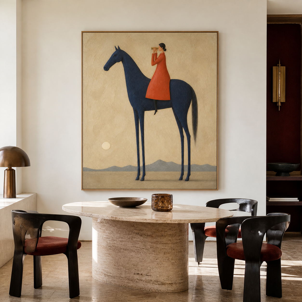 Vintage Americana horse wall art featuring a woman in an orange coat looking through a telescope while seated on a tall navy blue horse.