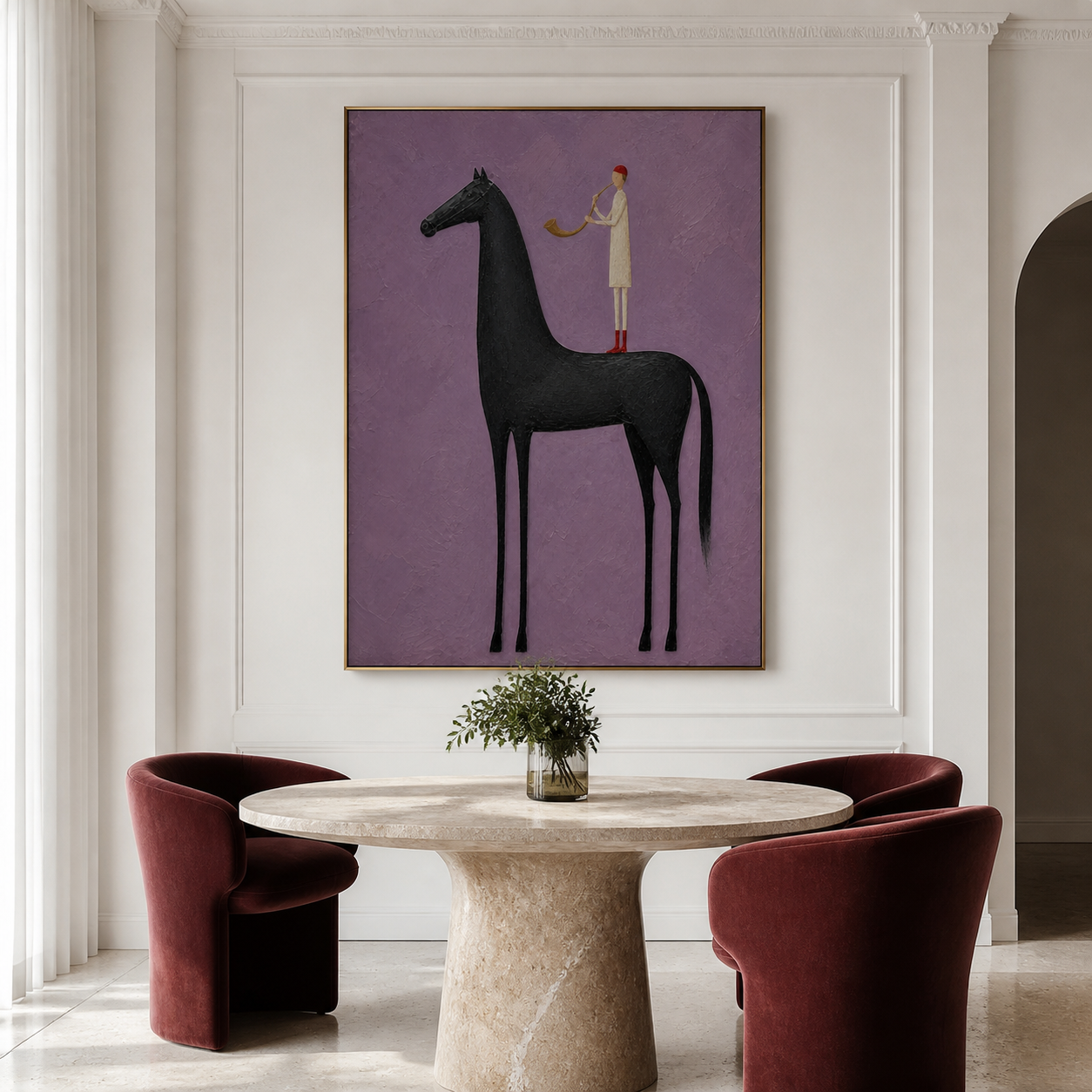 Vintage Americana black horse wall art featuring a red-haired horn player standing on a tall horse against a textured violet background.