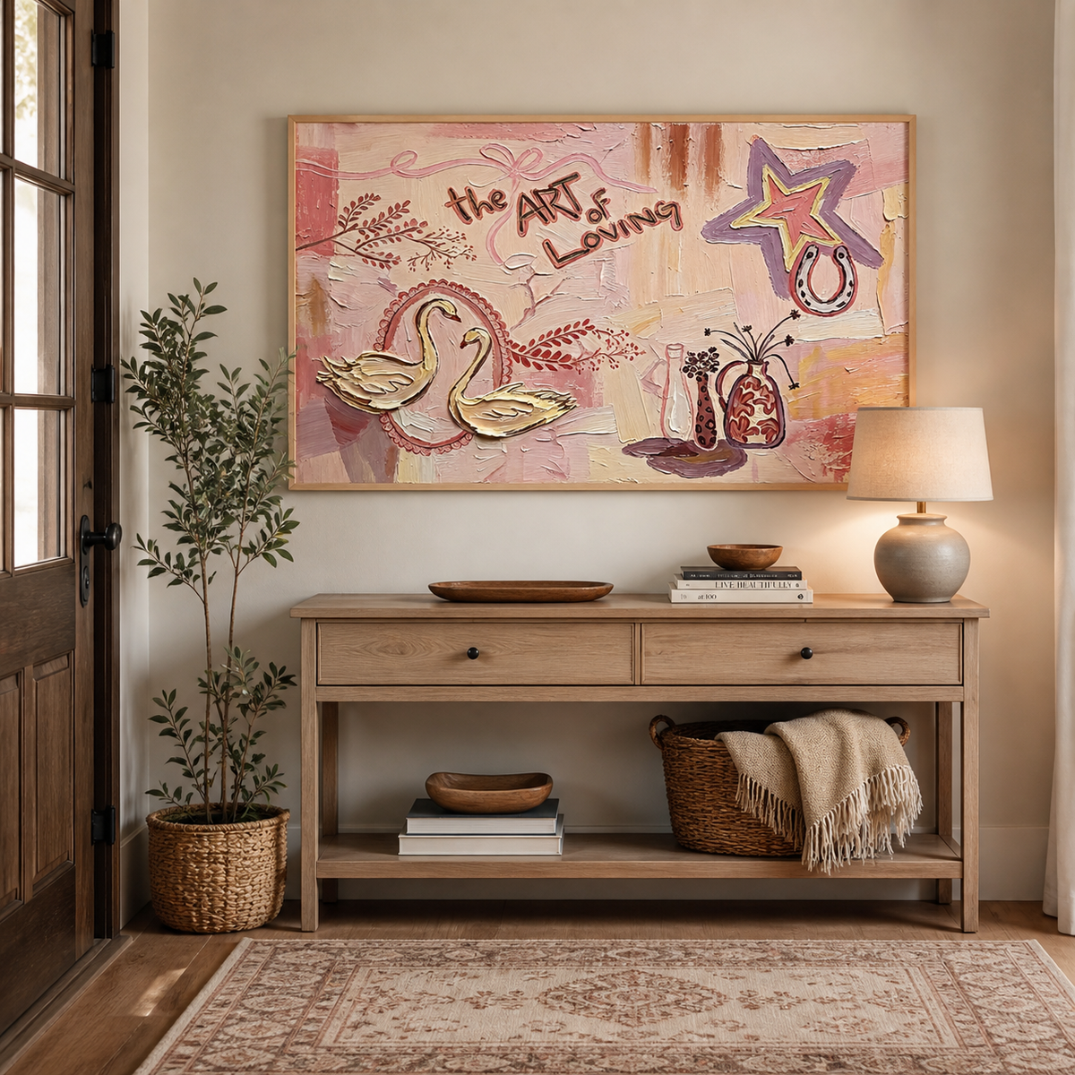Pink swan wall art with two birds, stars and The Art of Loving lettering displayed above a neutral sofa.