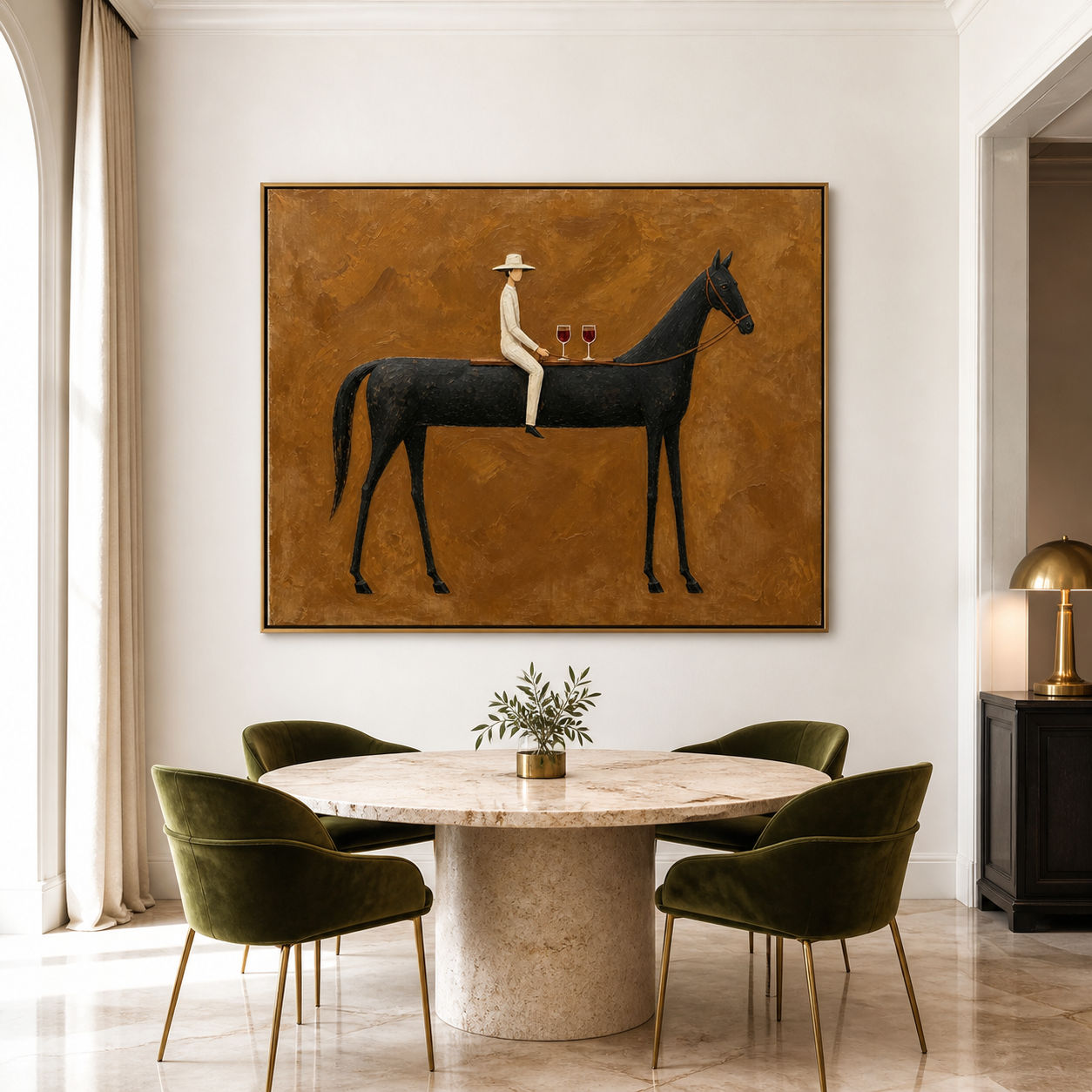 Vintage Americana wine wall art featuring a rider in white seated on a black horse beside two red wine glasses against an ochre brown background.