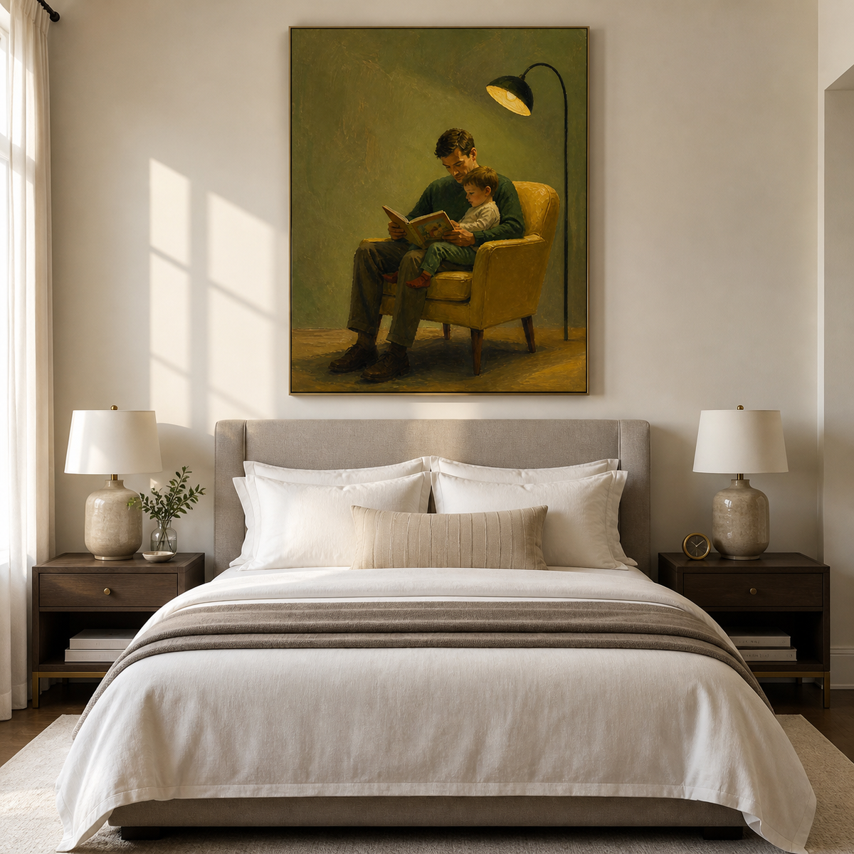 Father and son reading wall art featuring a parent sharing an illustrated storybook with a child in a mustard yellow armchair.