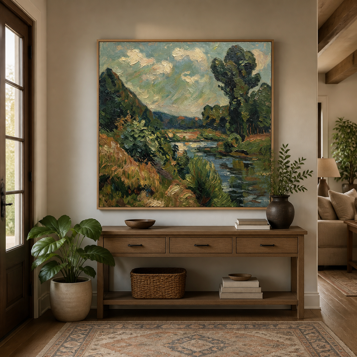 River landscape wall art with green trees, flowering banks and distant blue hills displayed above a leather sofa.