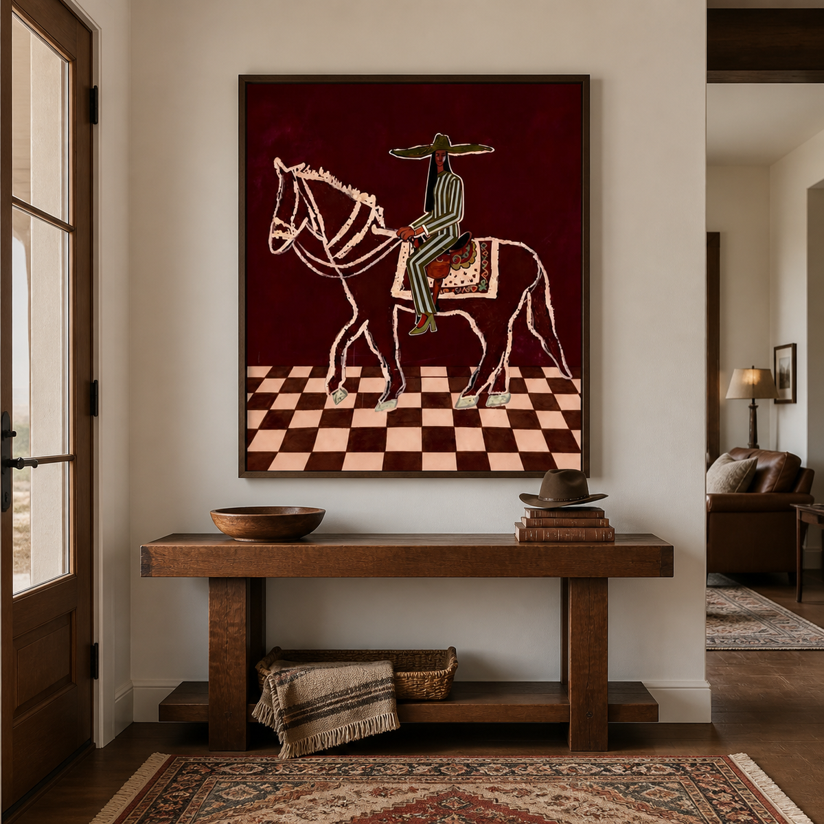 Skeleton cowboy wall art with a rider on a white skeletal horse displayed above an entryway console.