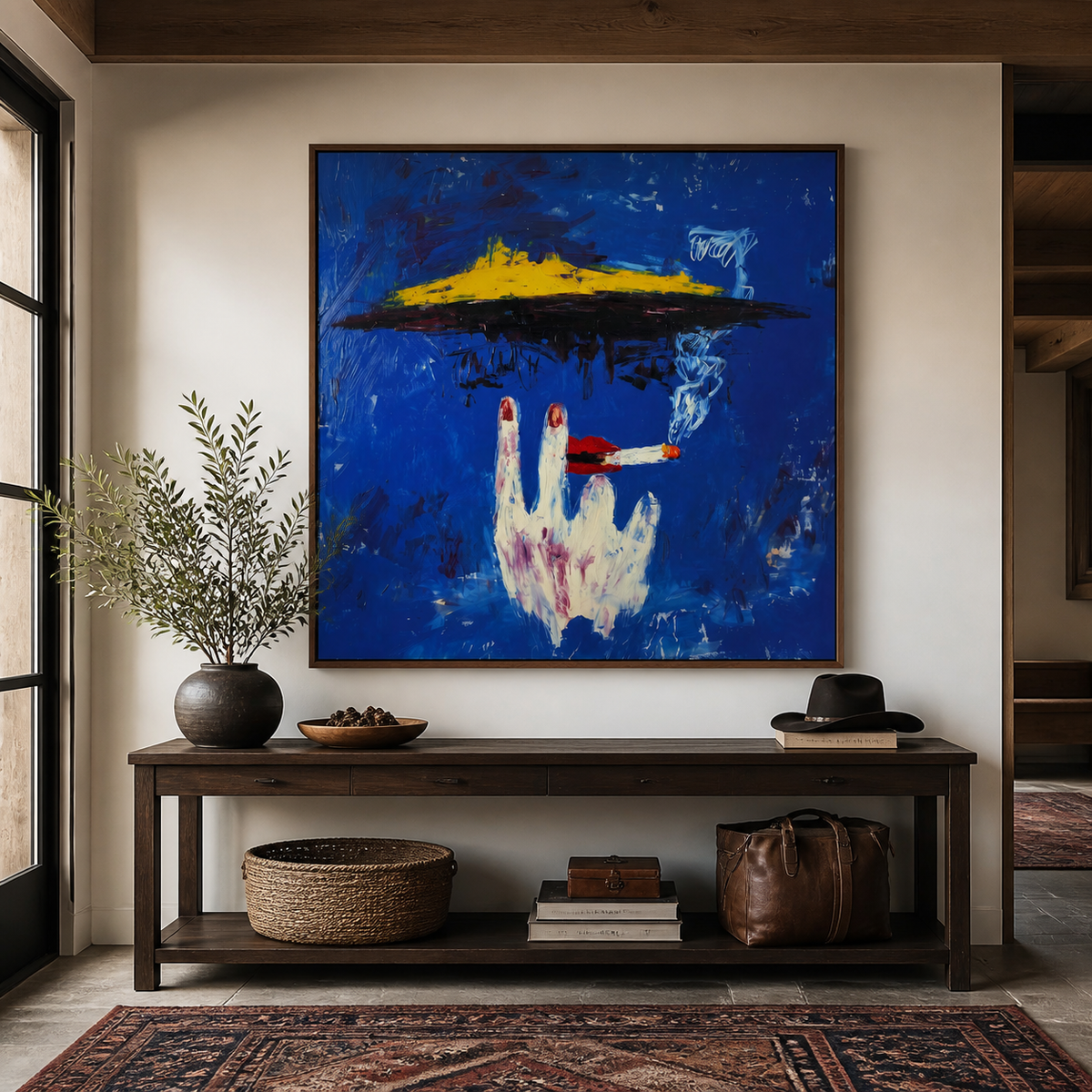 Square blue Western surreal wall art with a pale hand holding a cigarette beneath a yellow hat displayed above an entryway console.