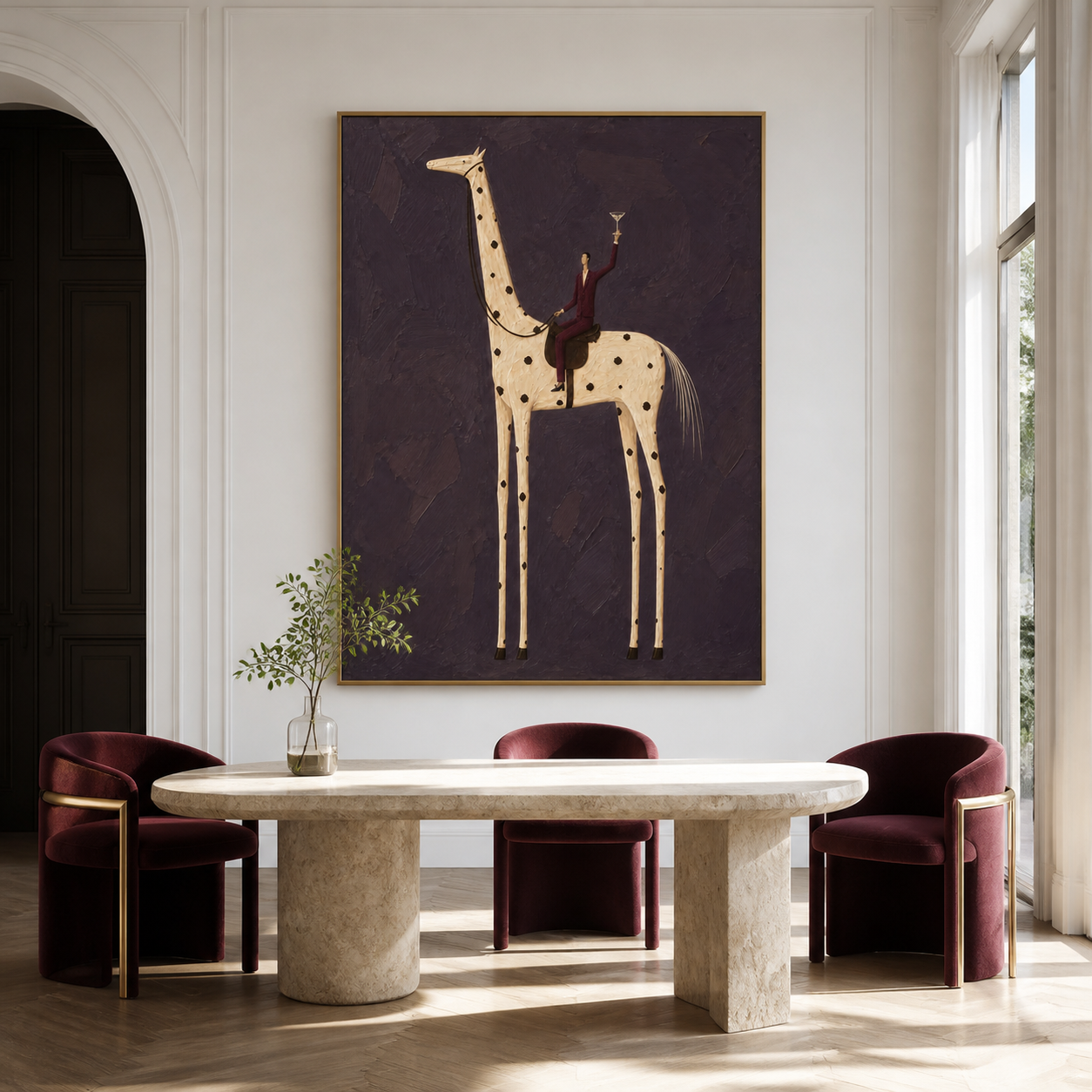 Vintage Americana bar wall art featuring a man in a burgundy suit riding a tall spotted horse and raising a cocktail glass.