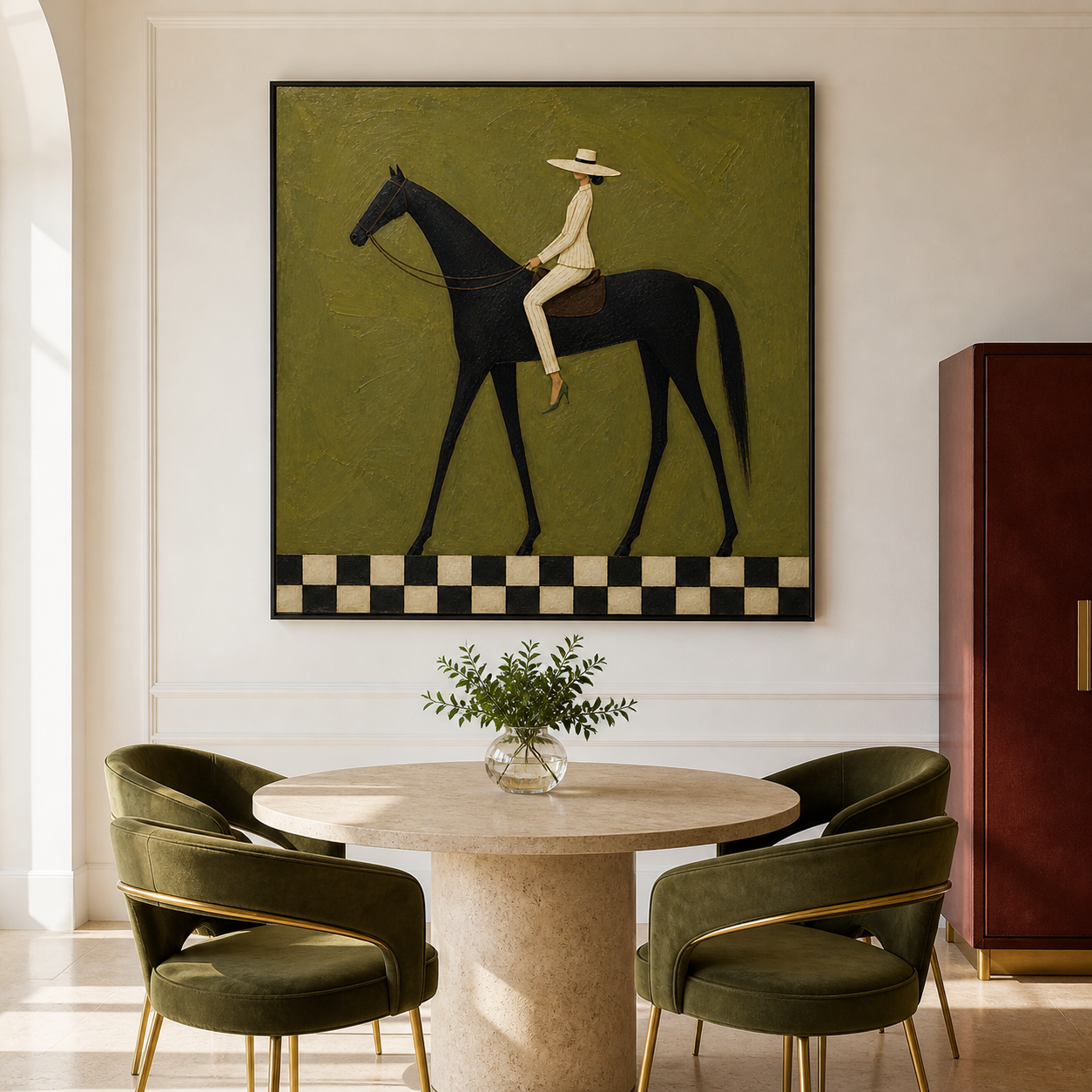 Vintage Americana horse wall art featuring a woman in a striped cream suit riding a black horse above a black-and-white checkerboard border.