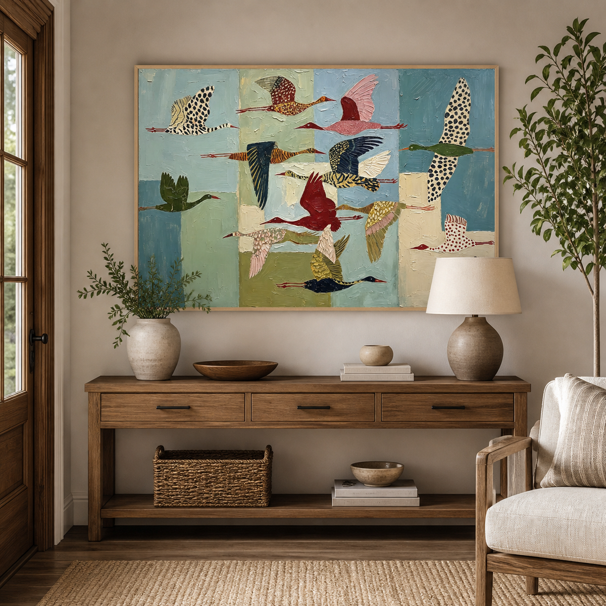 Colorful flying birds wall art with a patterned flock crossing a blue and green background displayed above a sofa.