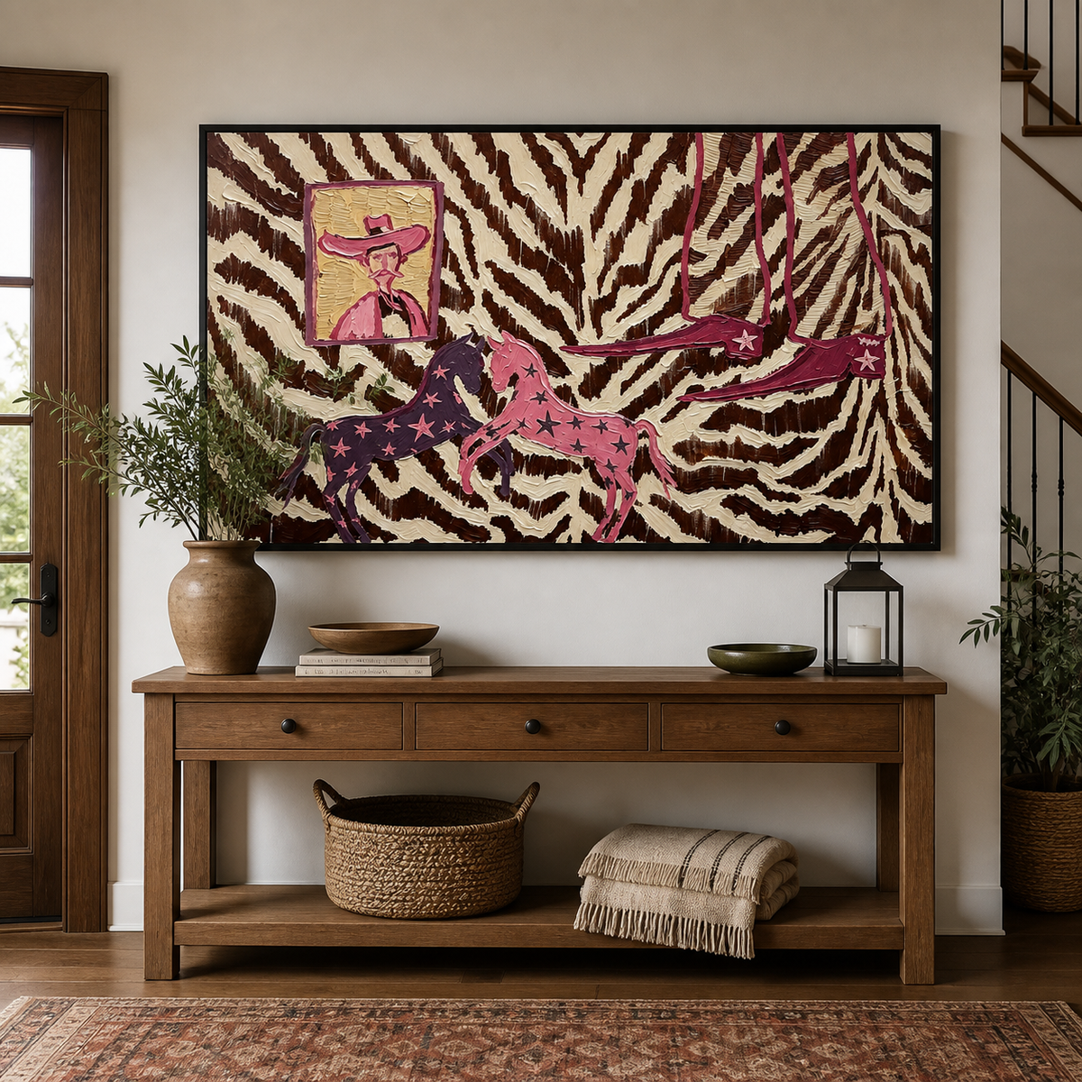 Panoramic pink horse wall art with two running horses on a brown zebra-print background displayed above a leather sofa.