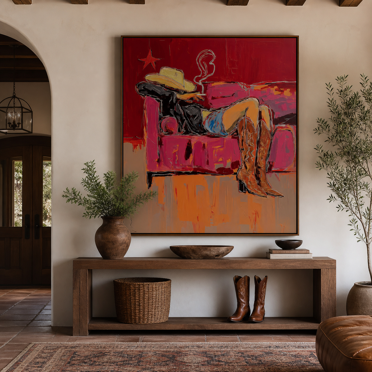 Reclining cowgirl wall art with a woman in a cowboy hat and brown boots resting on a pink sofa above an entryway console.