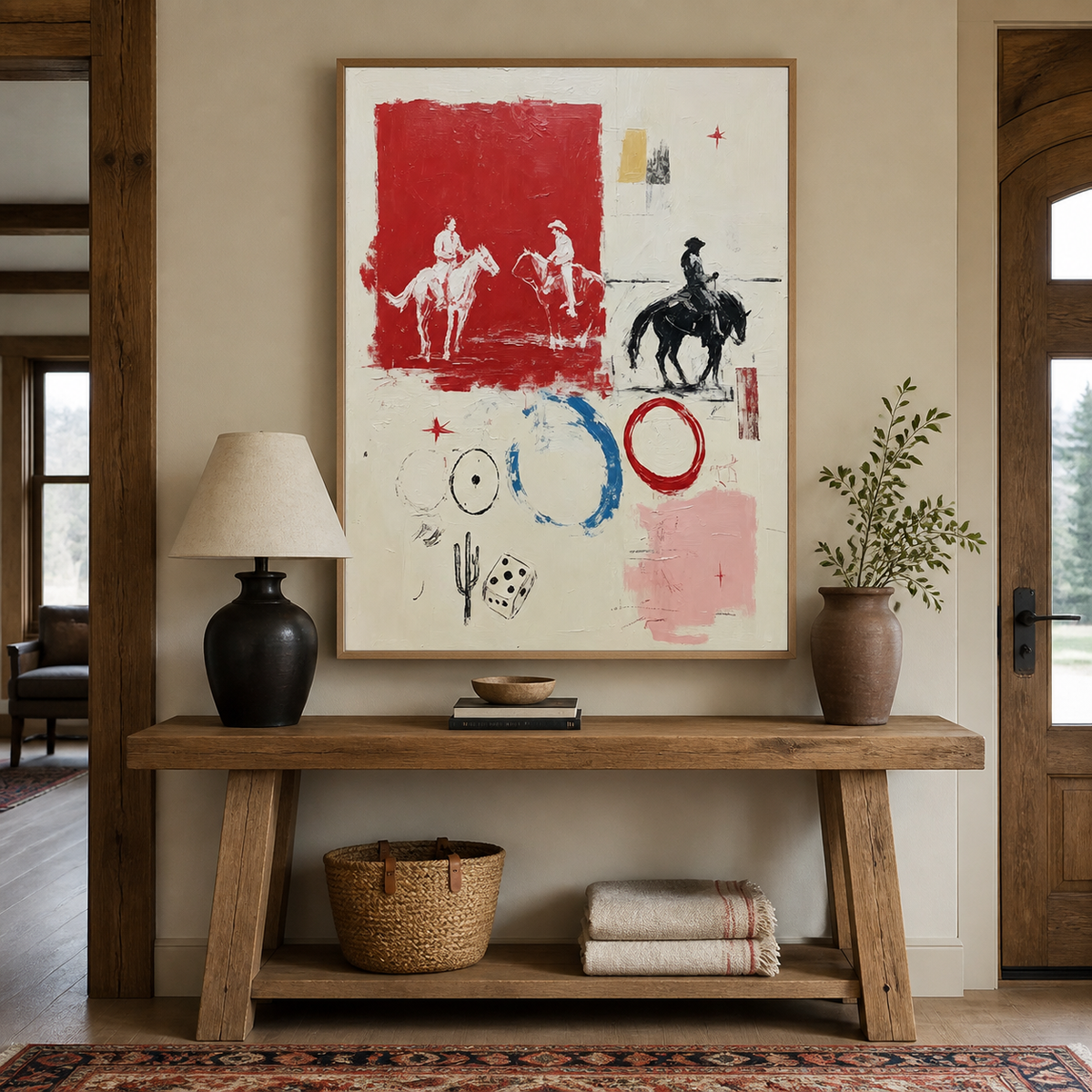 Abstract Western wall art with three cowboy riders and red blue graphic shapes above a leather sofa
