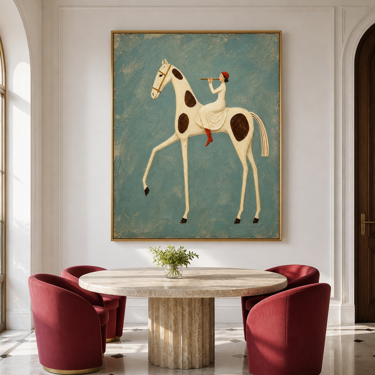 Vintage Americana musical horse art featuring a woman playing a flute while riding a white and brown spotted horse against a textured blue background.