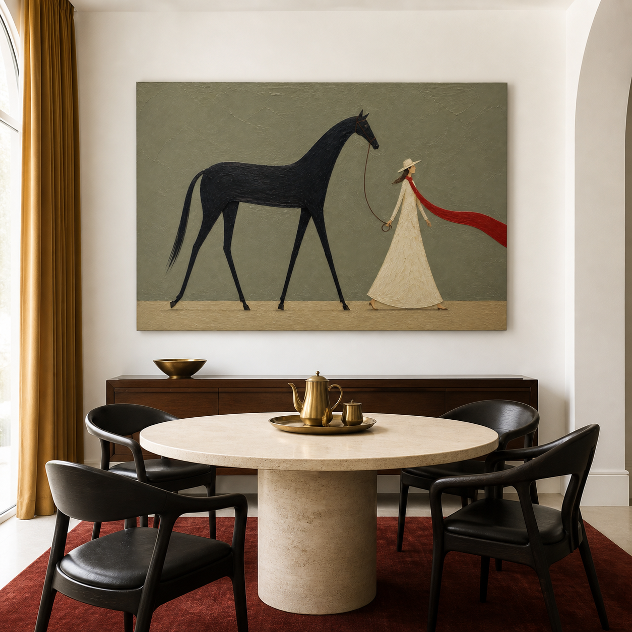 Vintage Americana woman and horse wall art featuring a woman in a cream dress walking a black horse with a long red scarf against a gray-green background.