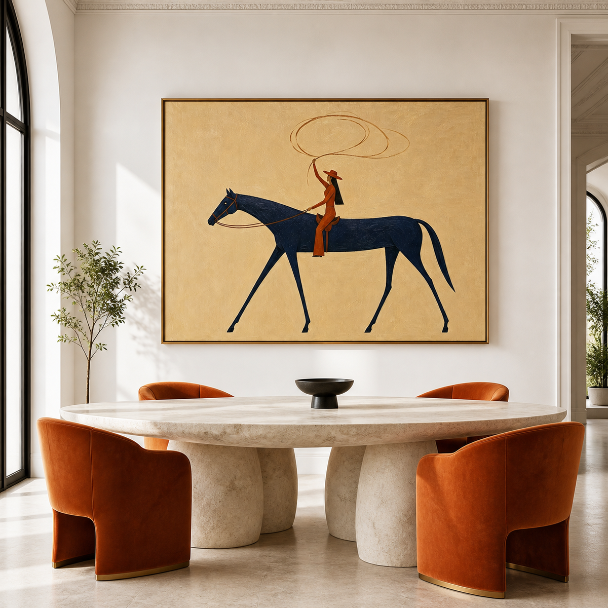 Vintage Americana cowgirl wall art featuring a Western rider swinging a lasso while riding a navy blue horse against a textured cream background.