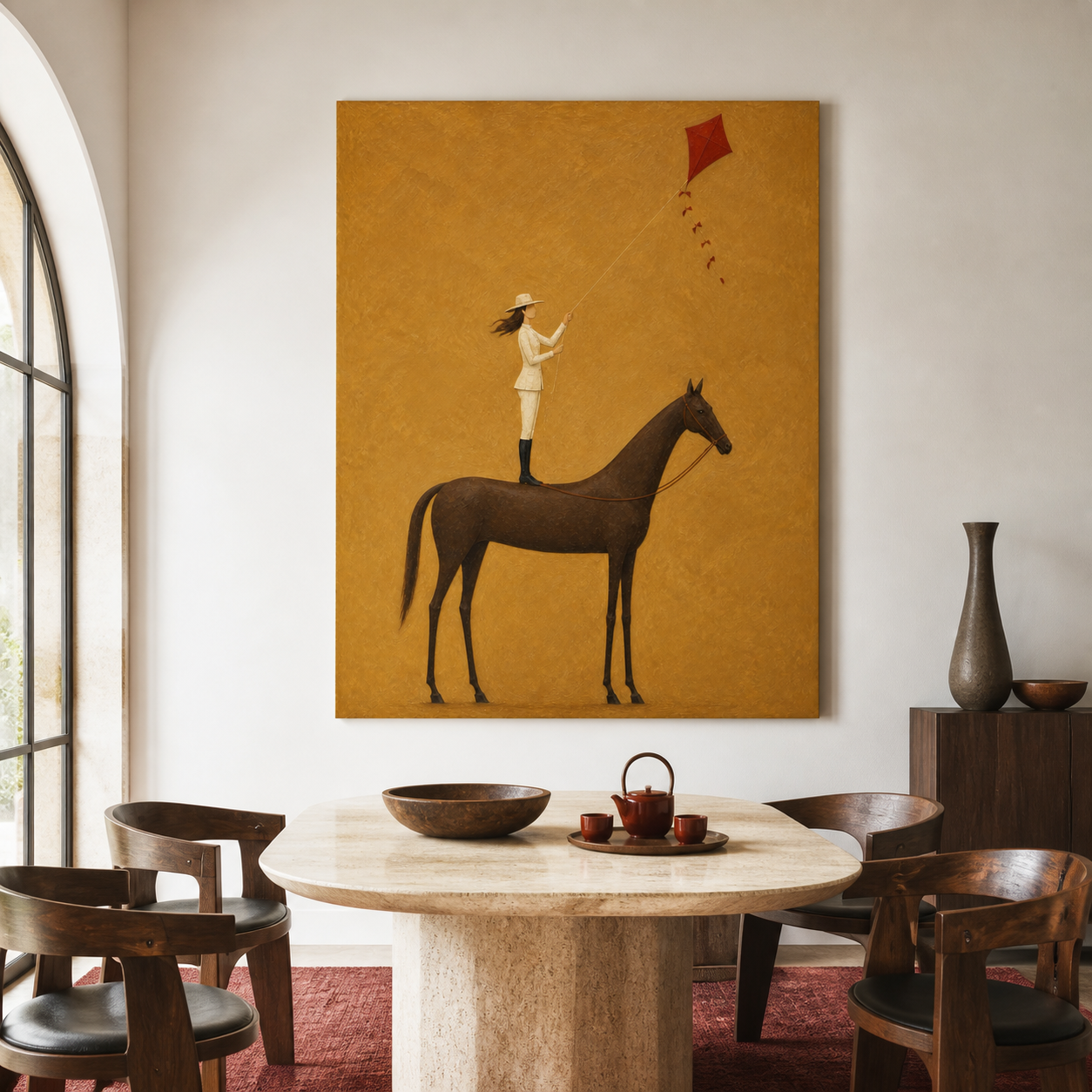 Vintage Americana horse wall art featuring a woman standing on a brown horse and flying a red kite against a textured mustard yellow background.