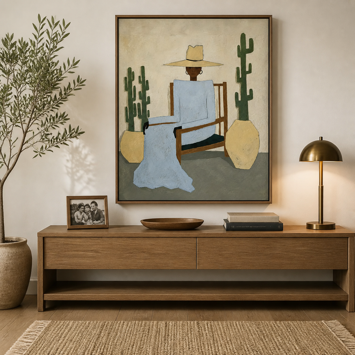 Seated cowboy wall art with a pale-blue figure, cactus plants and yellow pots displayed above a neutral sofa.
