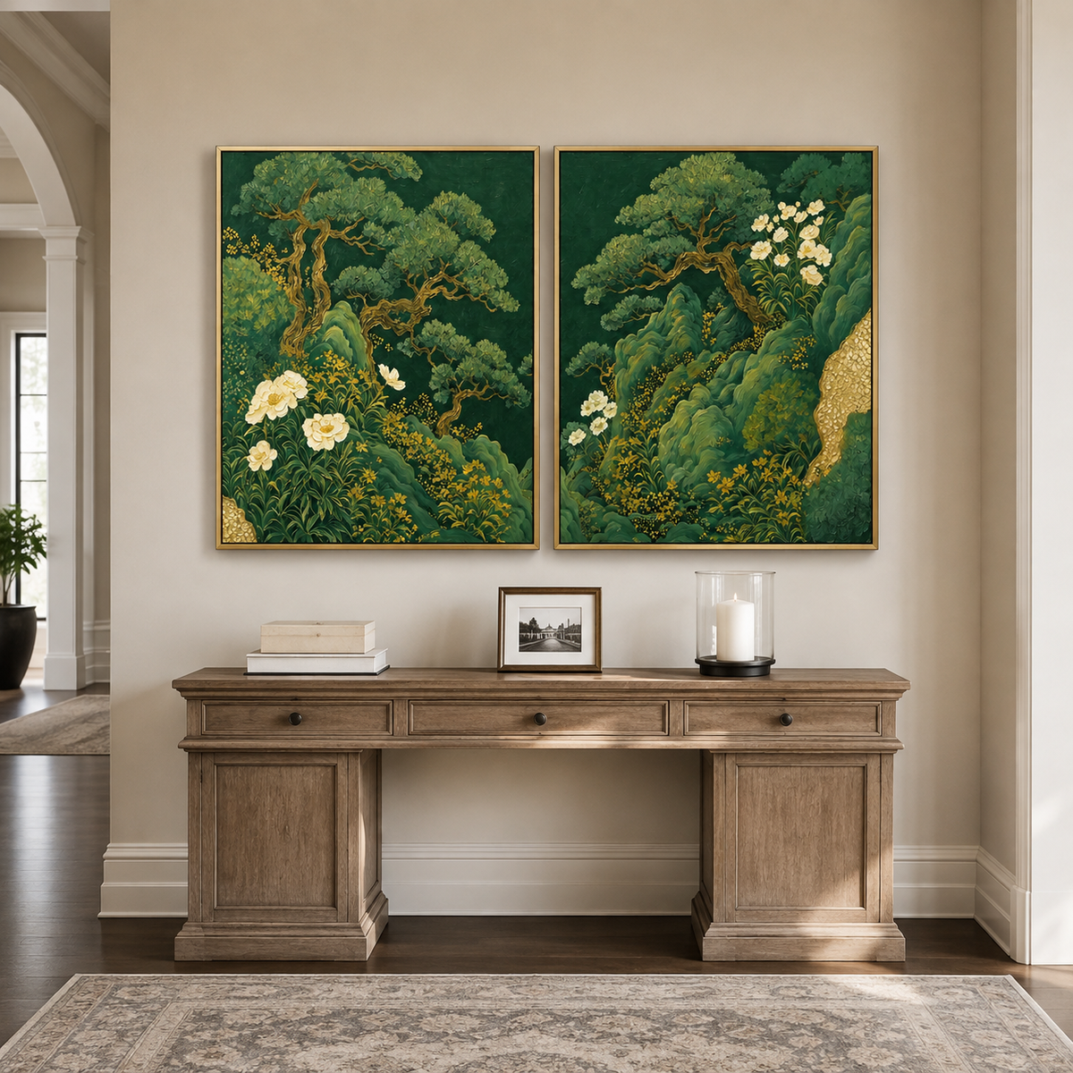 Green Botanical Wall Art Set | Emerald Garden Diptych