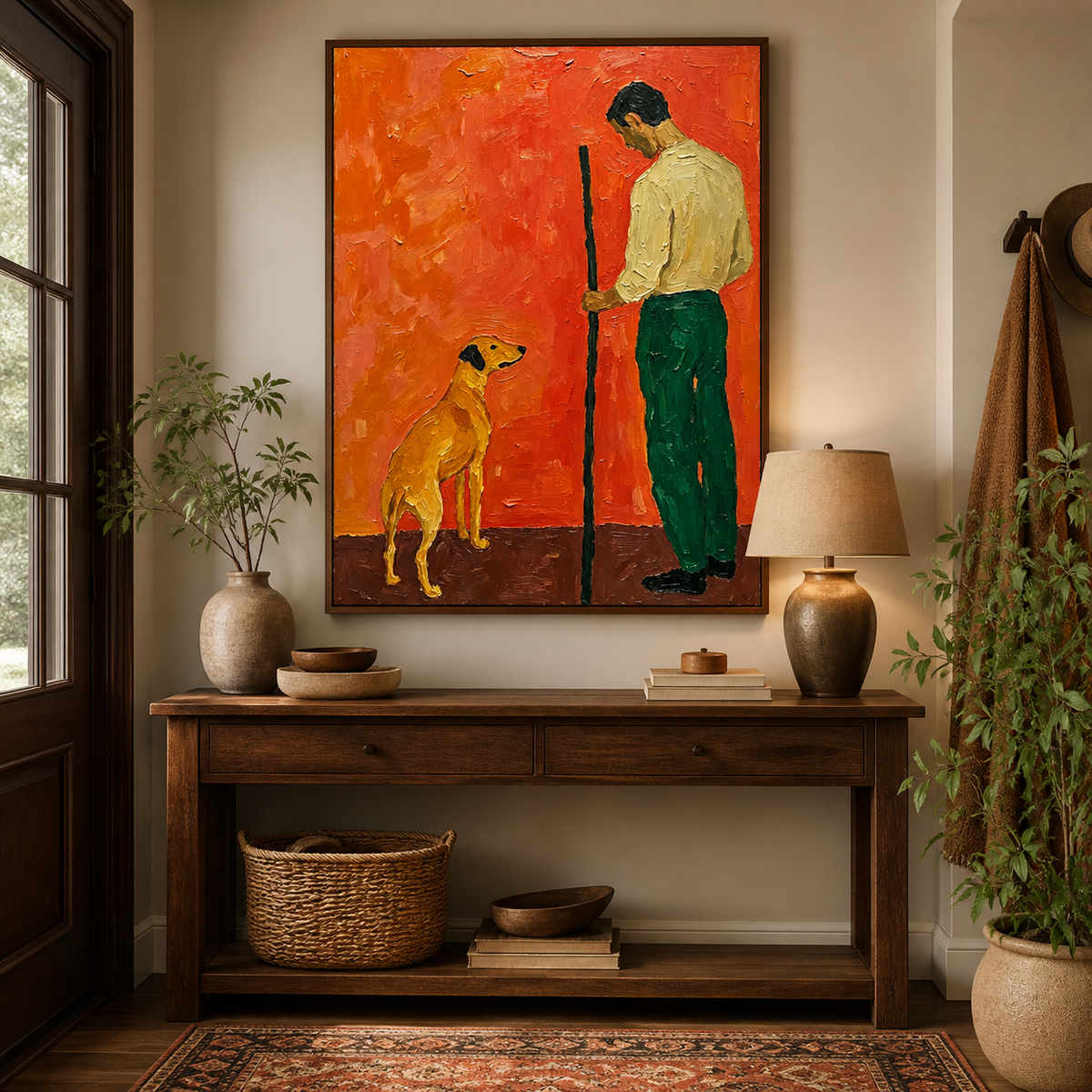 Man and dog wall art with a standing figure in green pants and a golden dog displayed above a sofa.