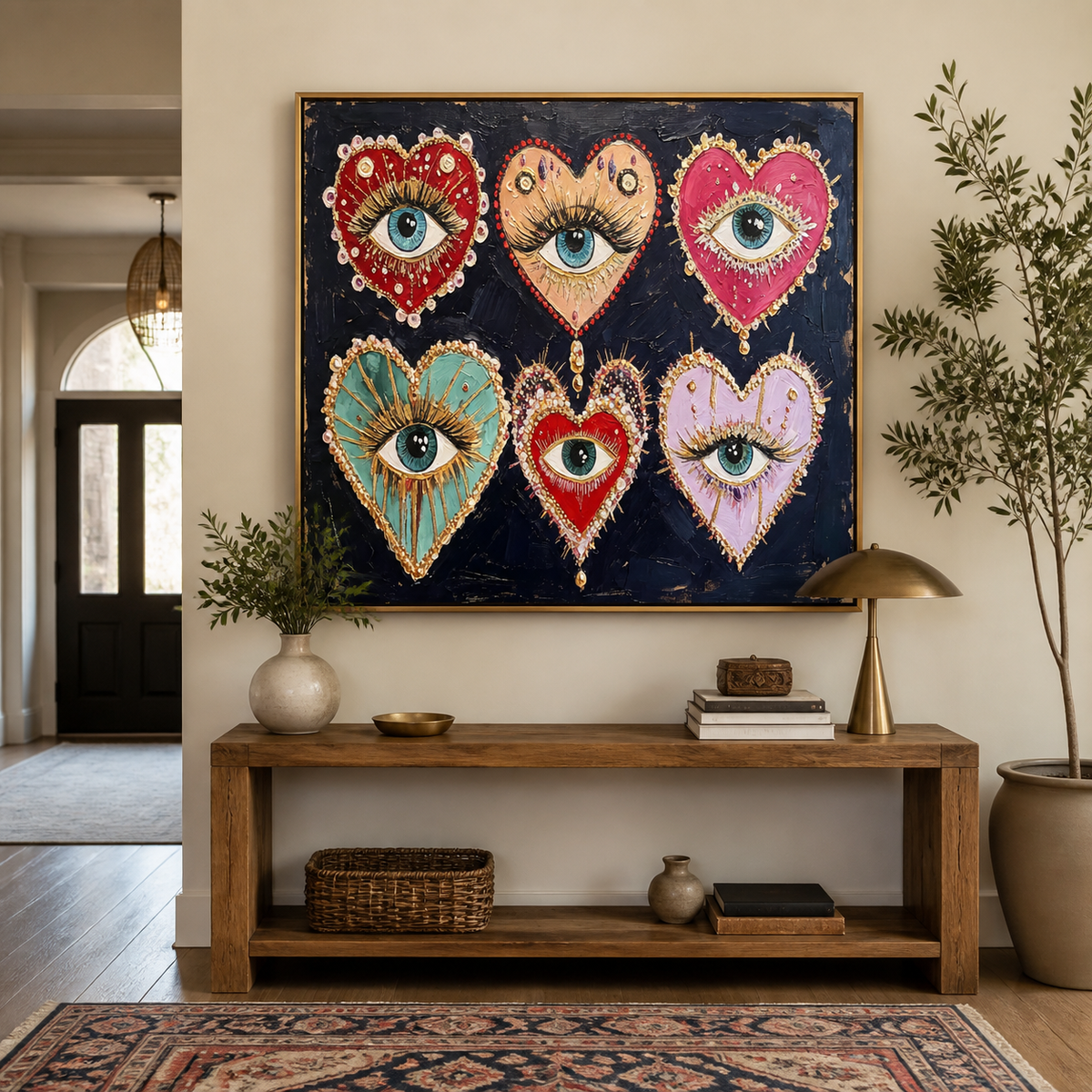 Colorful evil eye wall art with six jeweled heart motifs displayed above a neutral living room sofa.
