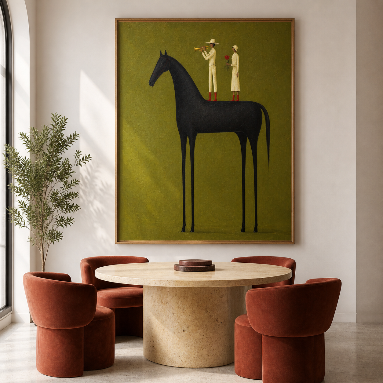 Vintage Americana black horse wall art featuring a trumpet player and a woman holding a red flower against an olive green background.