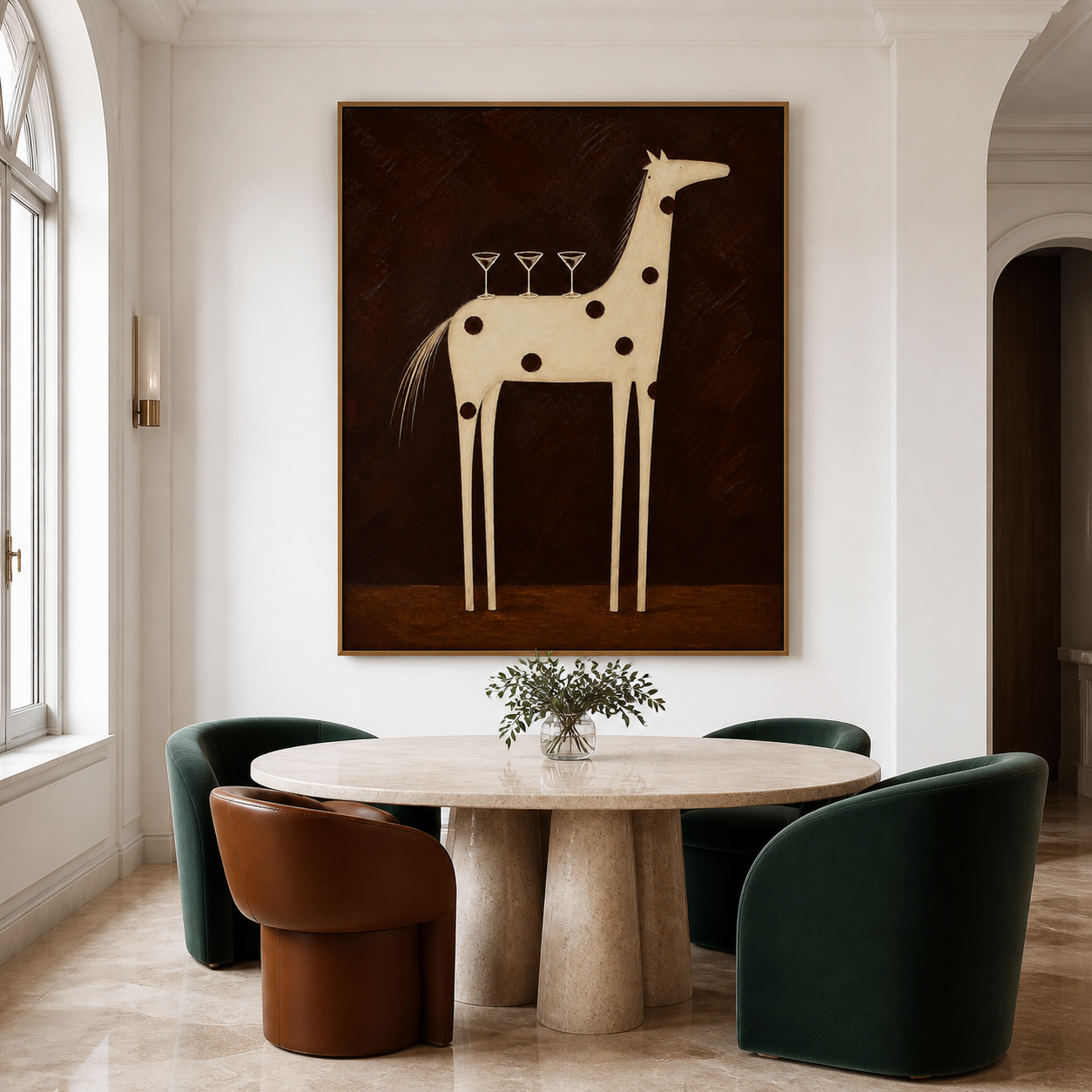 Vintage Americana bar wall art featuring a tall cream spotted horse balancing three cocktail glasses against a dark brown background.