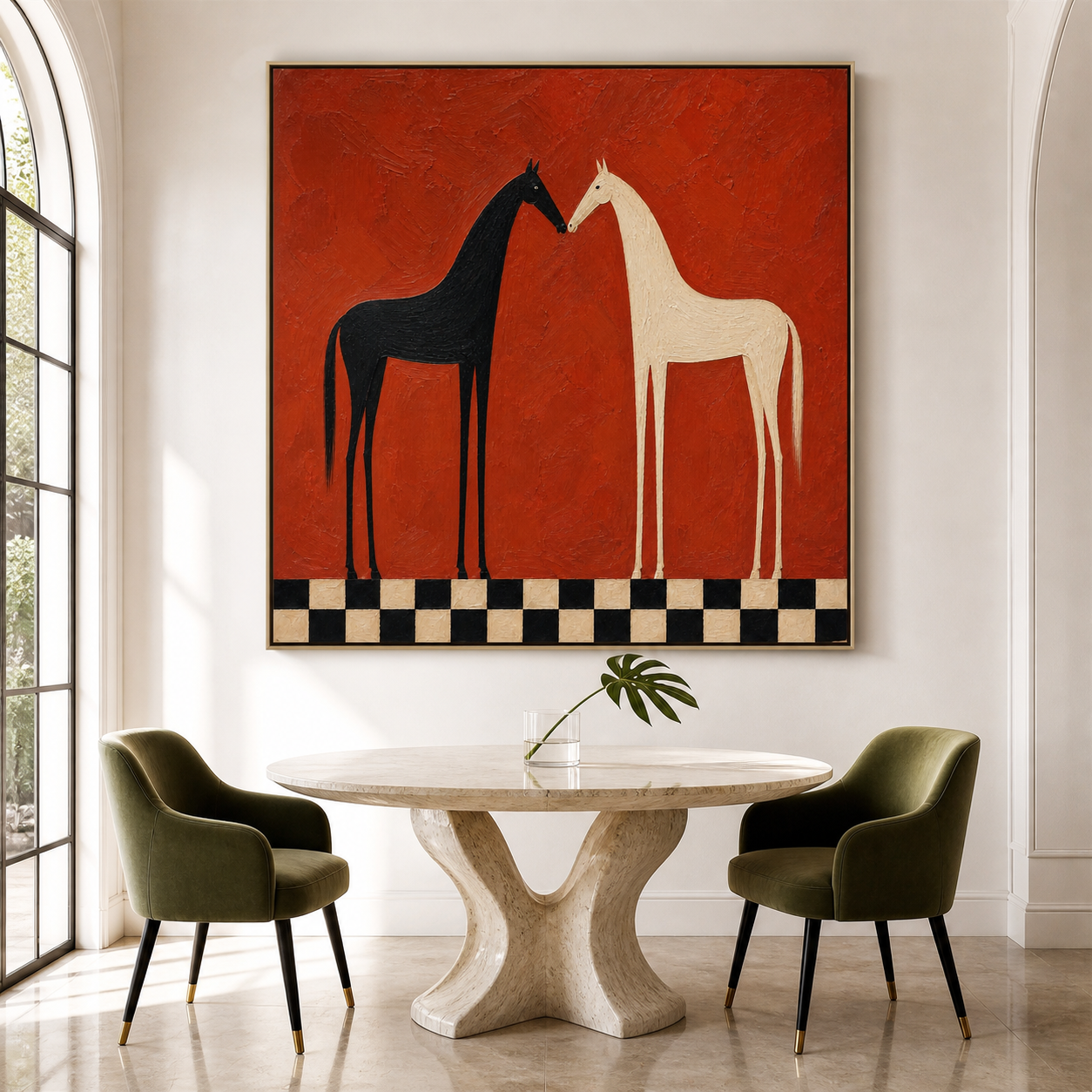 Vintage Americana horse wall art featuring black and white horses facing each other above a checkerboard border on a burnt orange background.