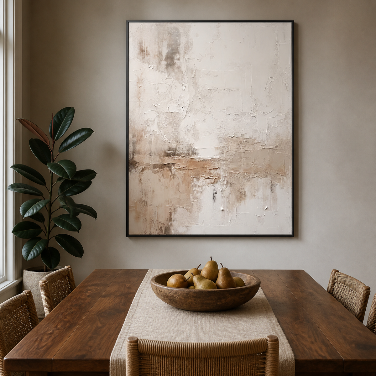 Vertical neutral textured wall art with layered ivory, beige and taupe abstract details displayed above a wooden dining table.