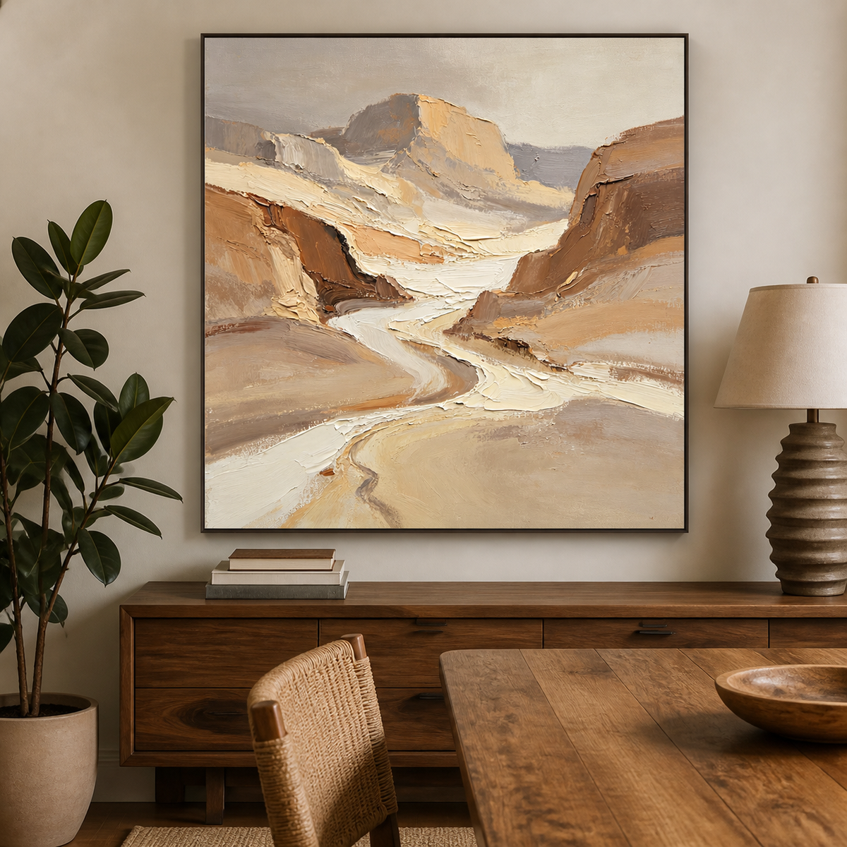 Square neutral canyon wall art with a winding ivory path, layered desert mountains and textured beige and brown tones.