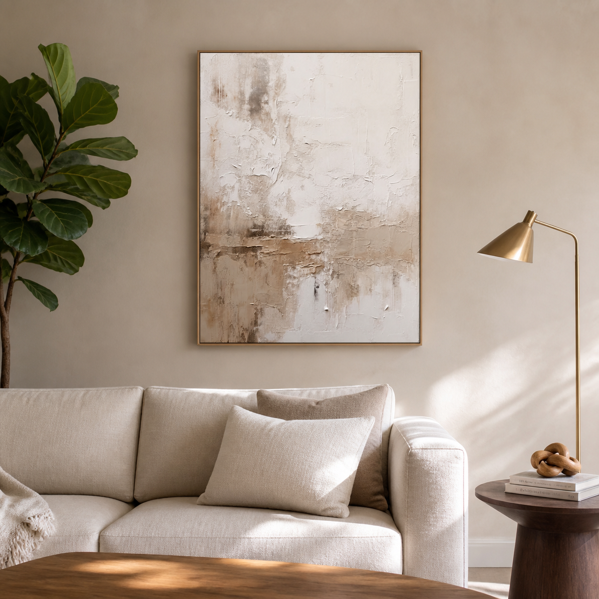 Vertical neutral textured wall art with layered ivory, beige and taupe abstract details displayed above a wooden dining table.