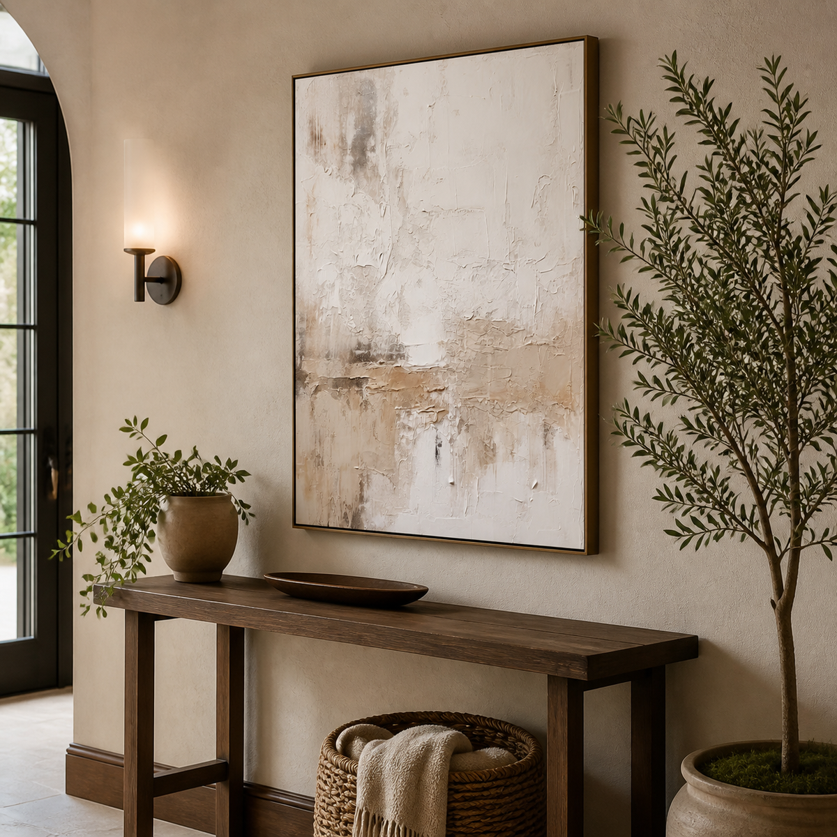 Vertical neutral textured wall art with layered ivory, beige and taupe abstract details displayed above a wooden dining table.