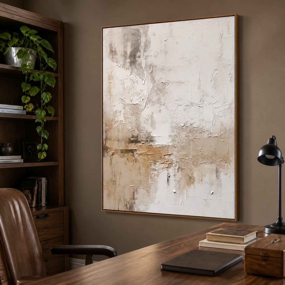 Vertical neutral textured wall art with layered ivory, beige and taupe abstract details displayed above a wooden dining table.