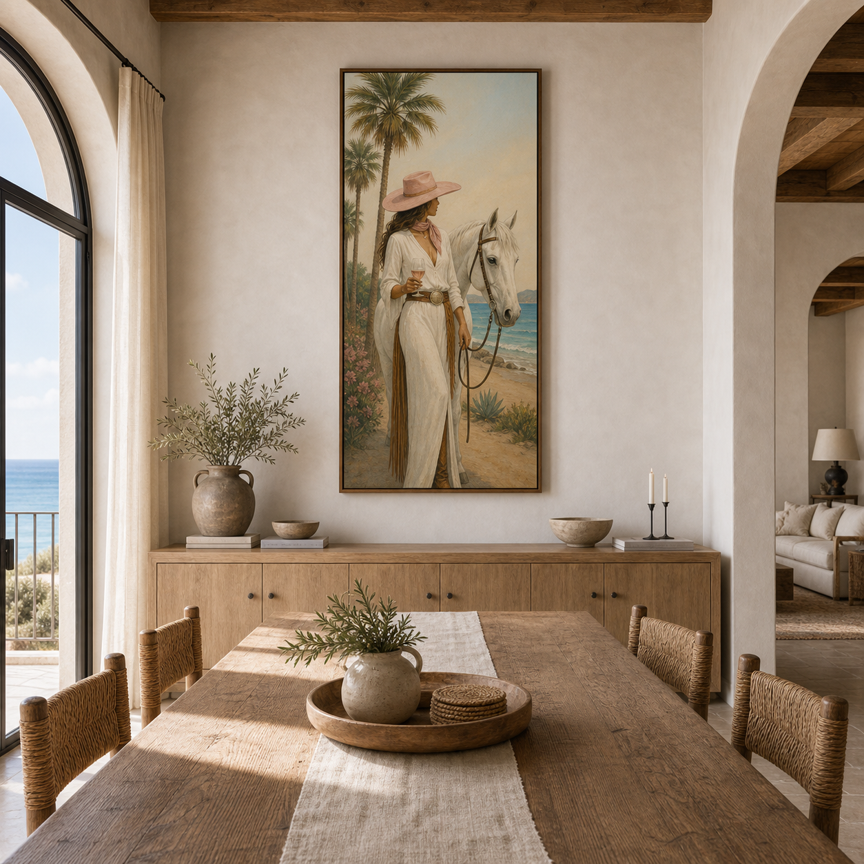 Coastal Cowgirl Escape | Hand-Painted Coastal Cowgirl & Horse Wall Art | Western Oil Painting