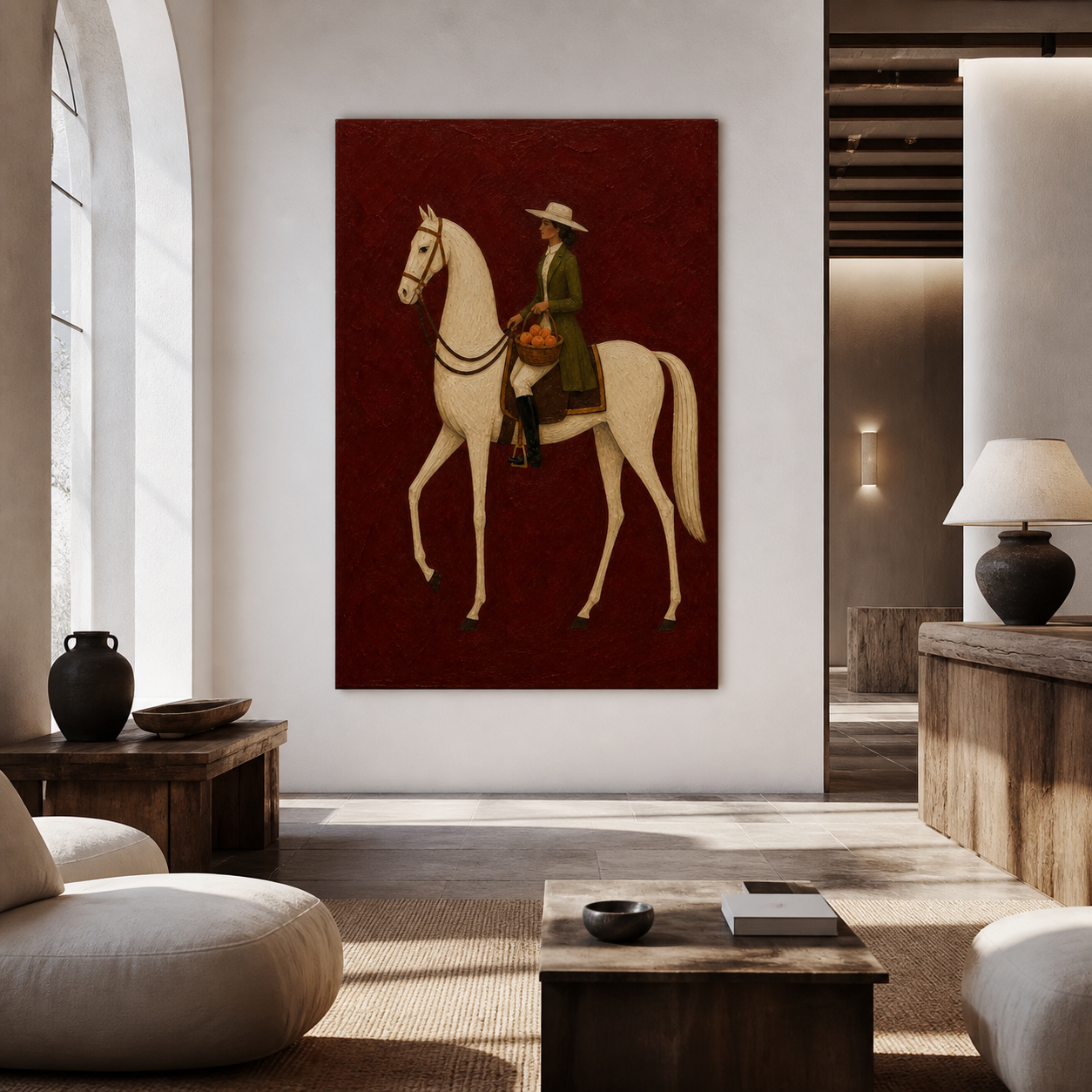 Vintage Americana equestrian art featuring a woman in a green coat riding a white horse and carrying a basket of oranges against a burgundy background.
