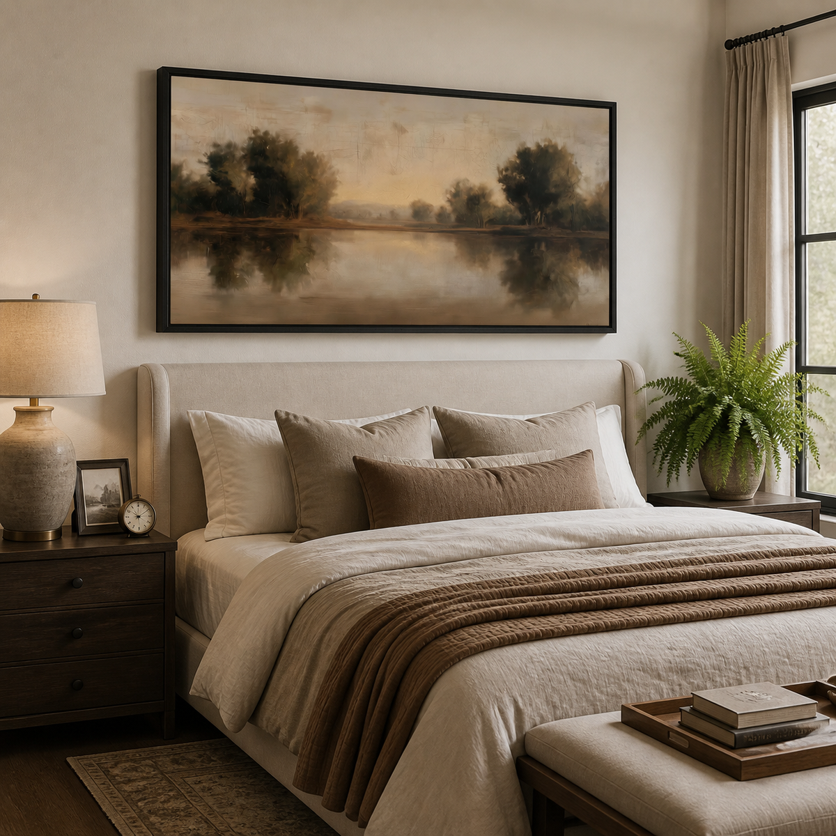 Panoramic neutral lake landscape wall art with reflected trees and a warm amber sky displayed above an entryway console.