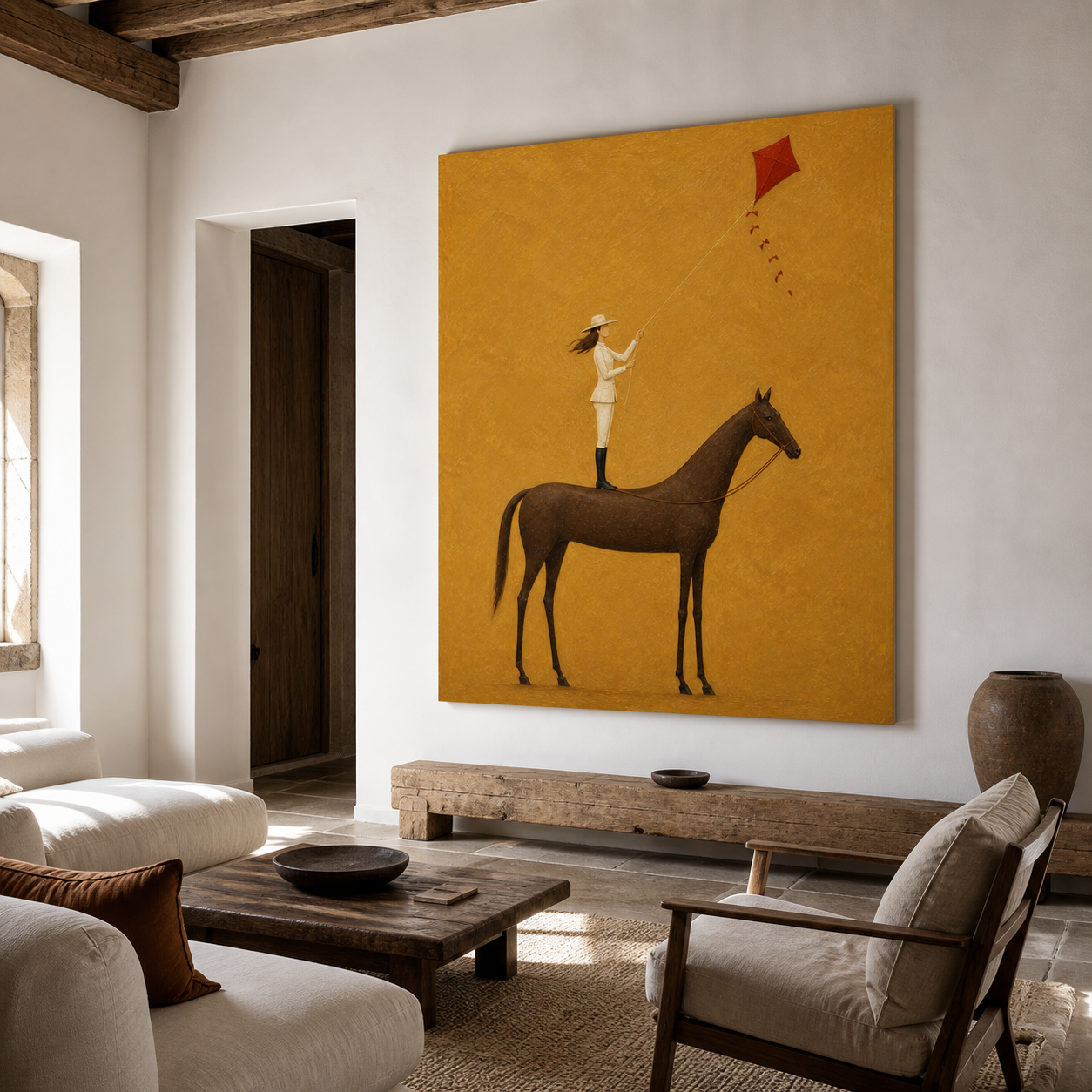 Vintage Americana horse wall art featuring a woman standing on a brown horse and flying a red kite against a textured mustard yellow background.