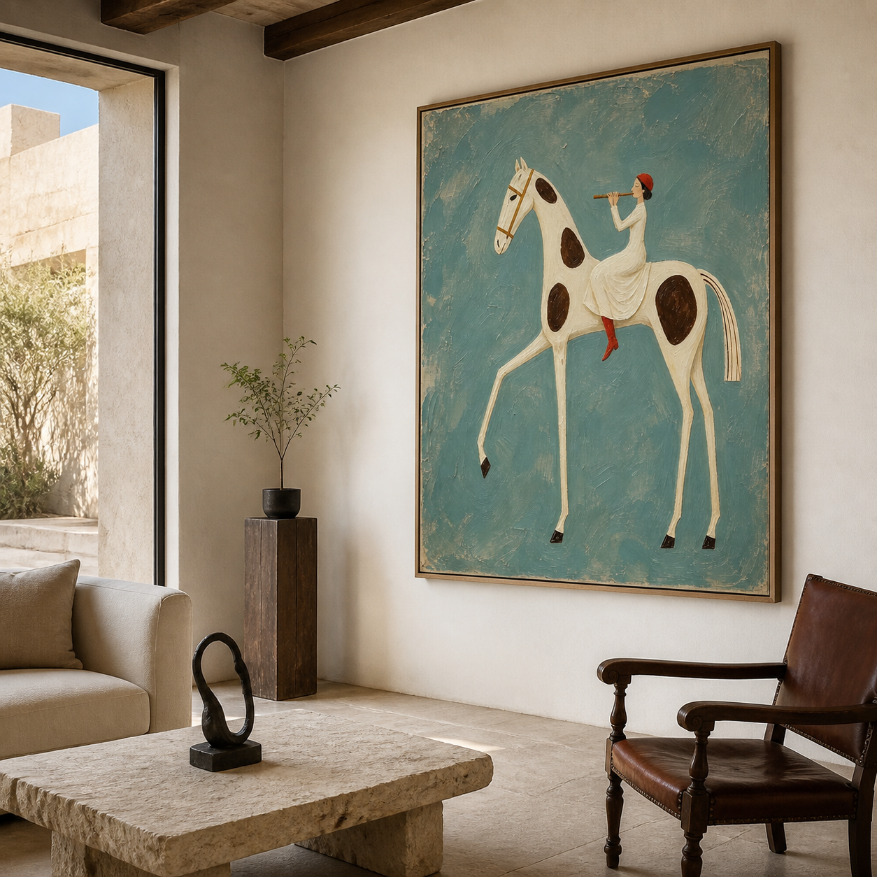 Vintage Americana musical horse art featuring a woman playing a flute while riding a white and brown spotted horse against a textured blue background.