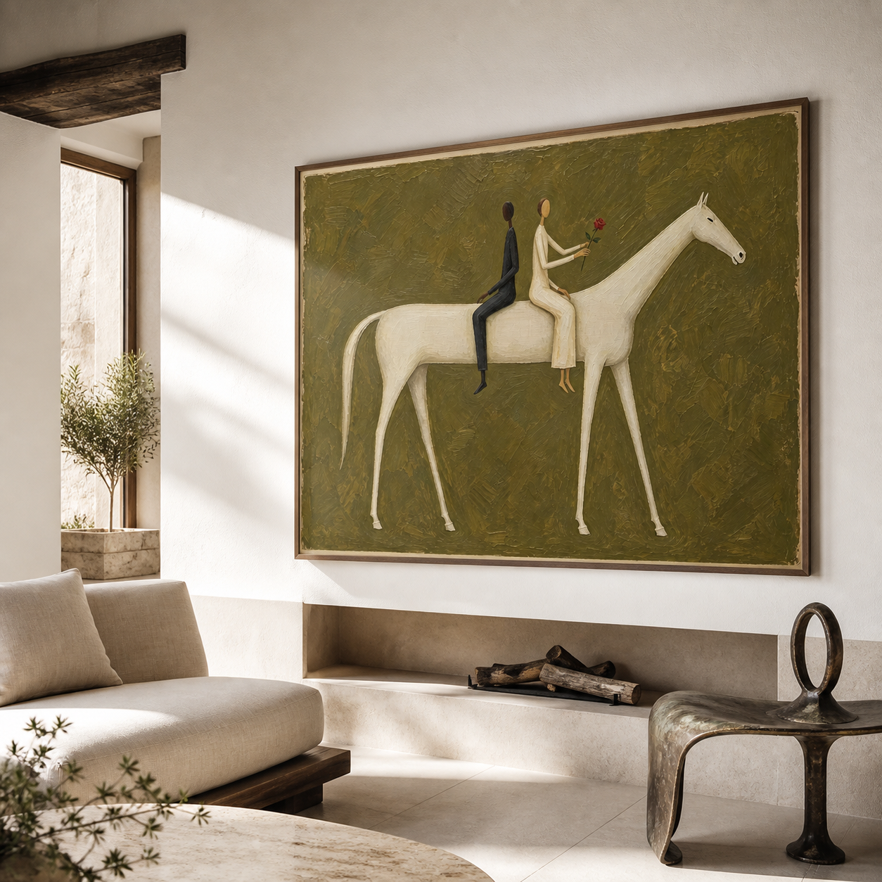 Vintage Americana couple horse art featuring two riders seated back to back on a white horse, with one holding a red rose against an olive green background.