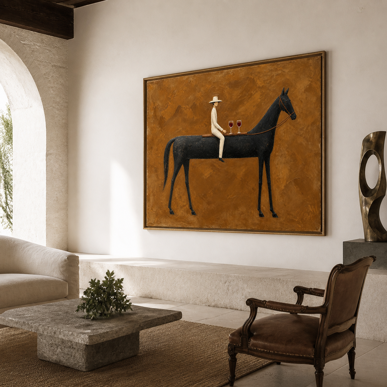 Vintage Americana wine wall art featuring a rider in white seated on a black horse beside two red wine glasses against an ochre brown background.