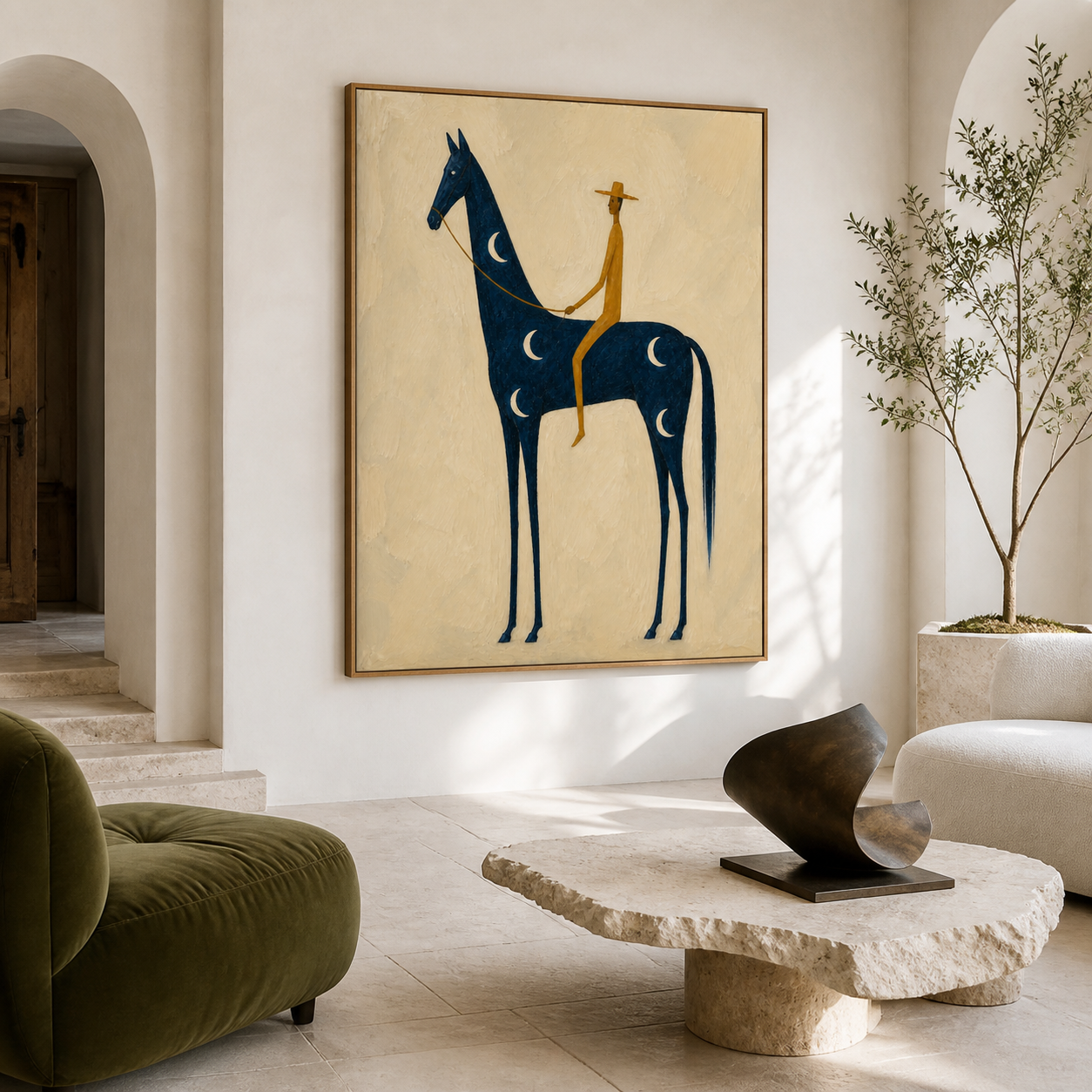 Vintage Americana cowboy wall art featuring a golden rider on a blue horse decorated with crescent moons against a textured cream background.