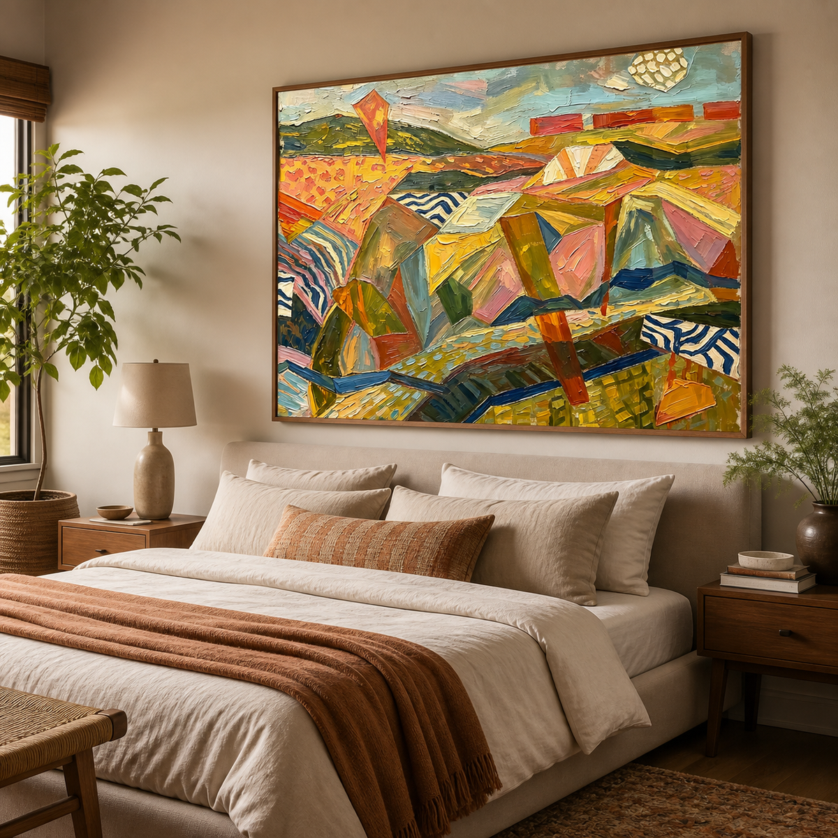 Colorful geometric mountain landscape wall art displayed above a neutral living room sofa.