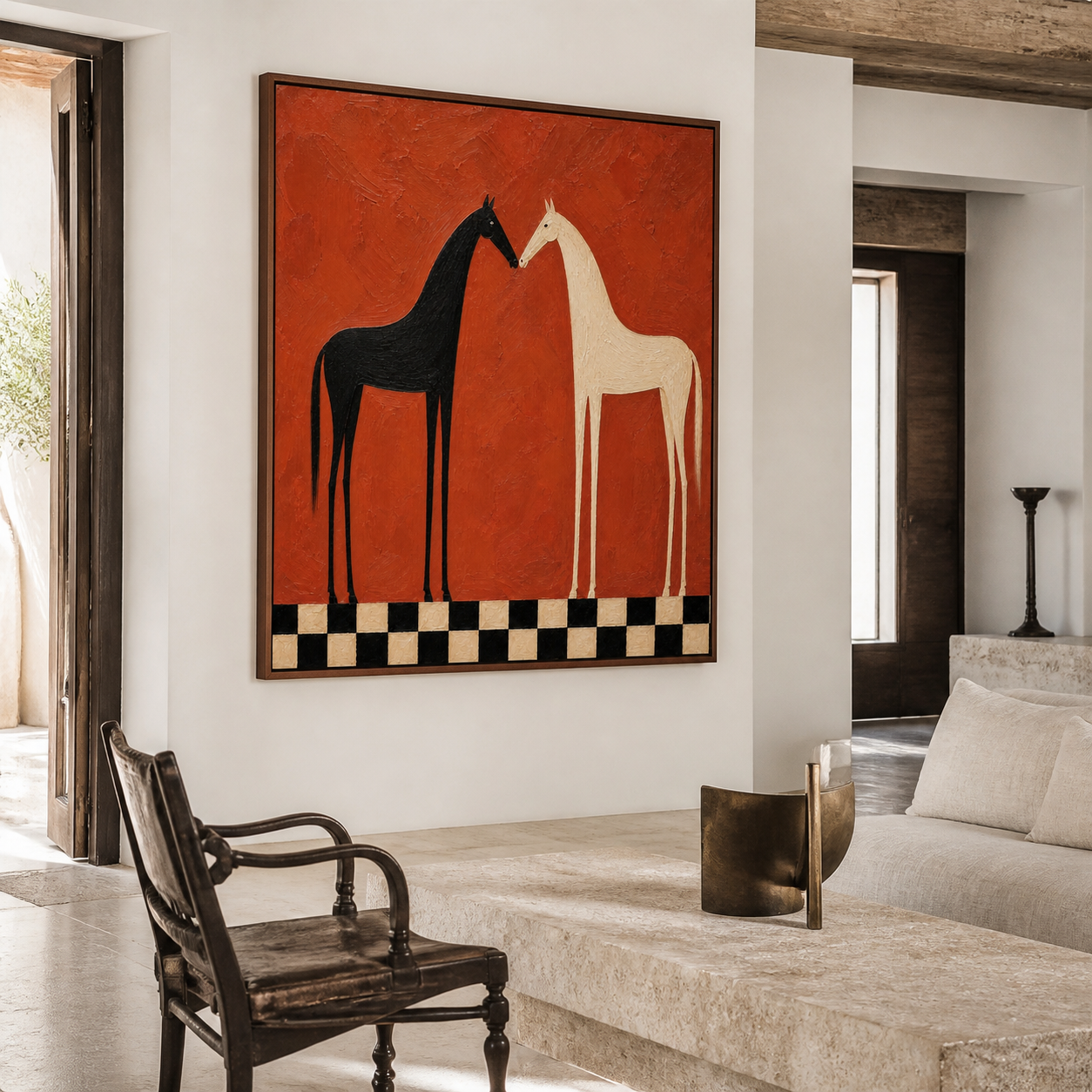 Vintage Americana horse wall art featuring black and white horses facing each other above a checkerboard border on a burnt orange background.